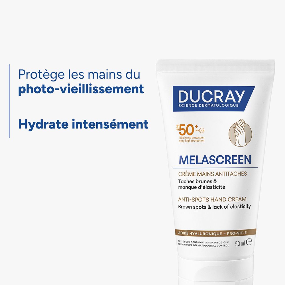 Ducray Melascreen Crème mains protège du photo-vieillissement et hydrate intensément.