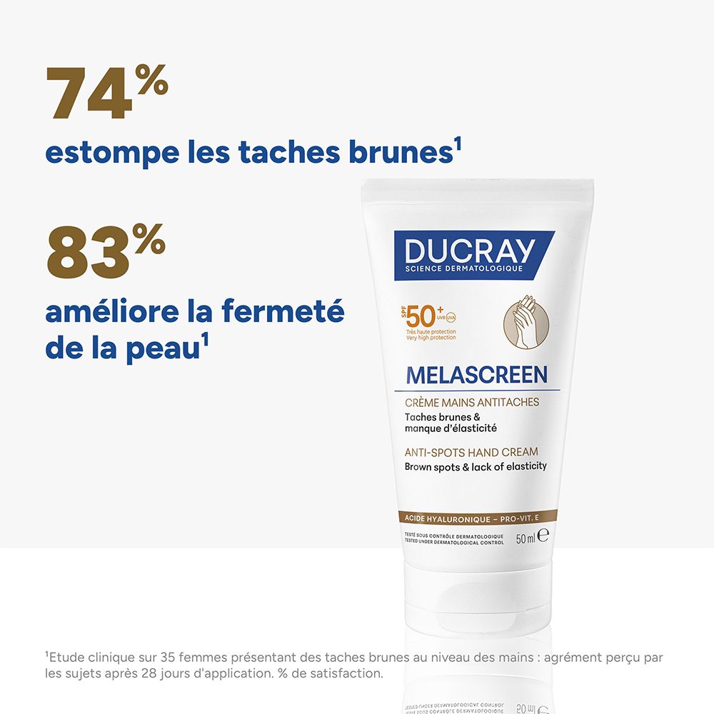 Ducray Melascreen Crème mains: 74% estompent les taches brunes, 83% améliorent la fermeté.