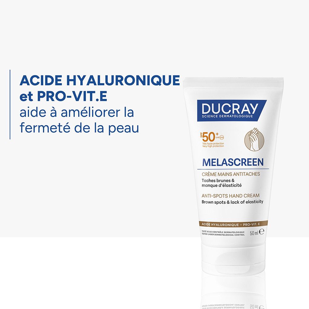 Ducray Melascreen Crème mains avec Acide Hyaluronique et Pro-Vit.E pour plus de fermeté.
