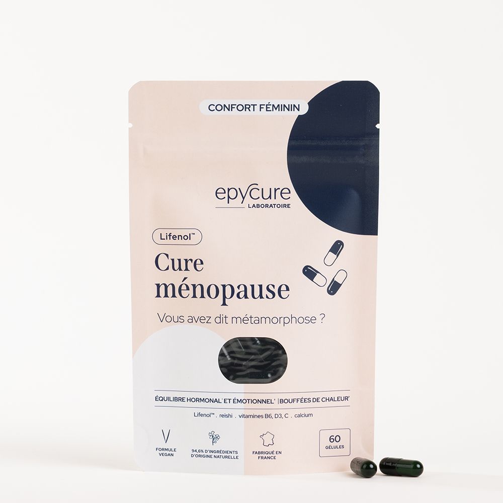 Packung mit 60 Kapseln für die Wechseljahre, enthält Lifenol, Vitamine B6, D3, C, Calcium.