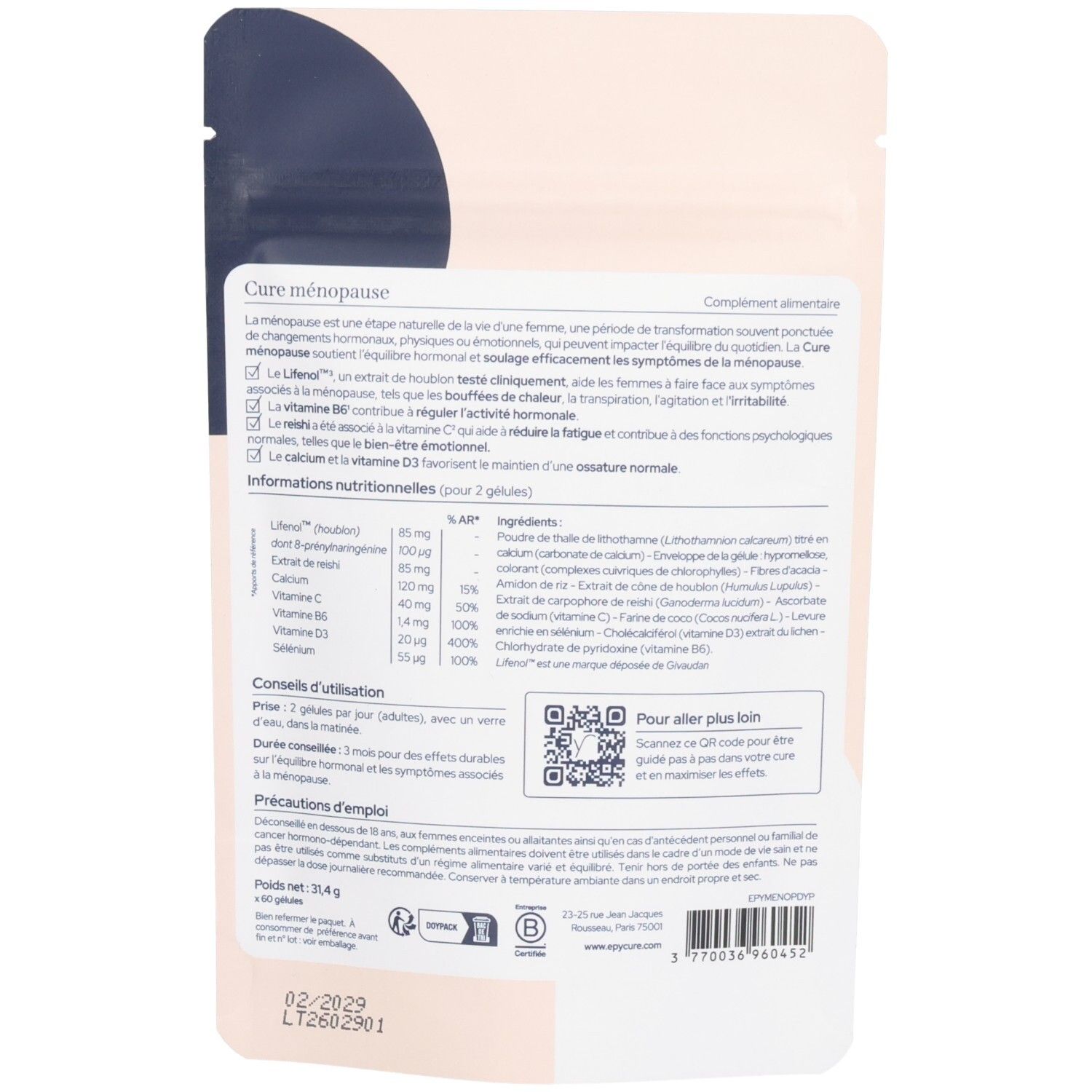 Dos de l'emballage Cure ménopause. Texte: informations, ingrédients, conseils d'utilisation. Code QR. Logo vegan. Date de péremption.