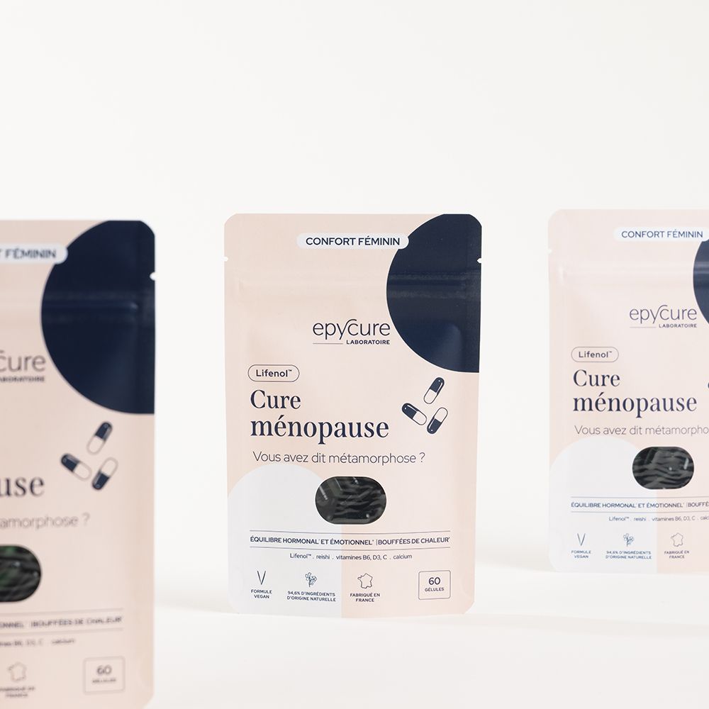 Trois paquets de 60 gélules pour la ménopause, avec Lifenol, vitamines B6, D3, C, calcium.
