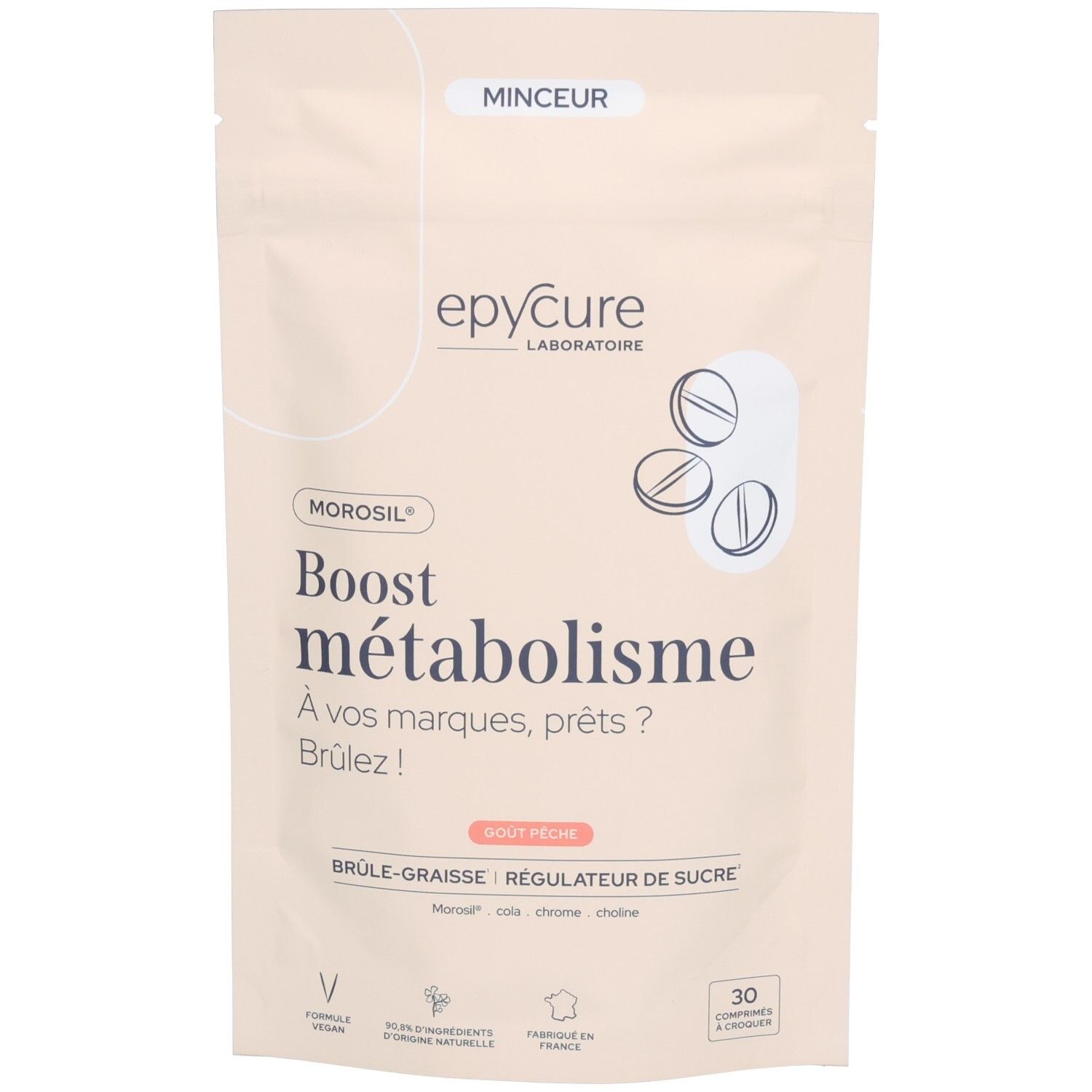 Sachet de Boost métabolisme, goût pêche. Marque epycure. Contient 30 comprimés. Inscription : Brûlez !