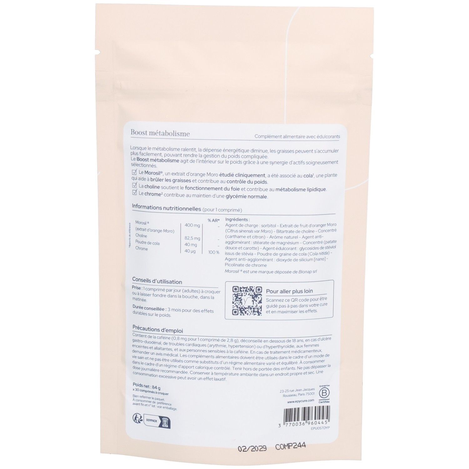 Dos du sachet. Informations sur Boost métabolisme, ingrédients, conseils d'utilisation et code QR.