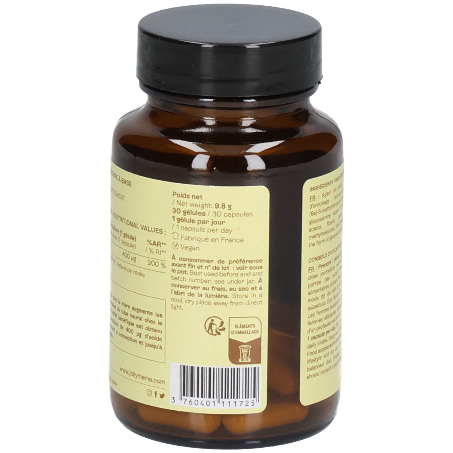 Flacon en verre brun avec bouchon noir. Étiquette avec informations nutritionnelles, poids et date de péremption. Gélules visibles.