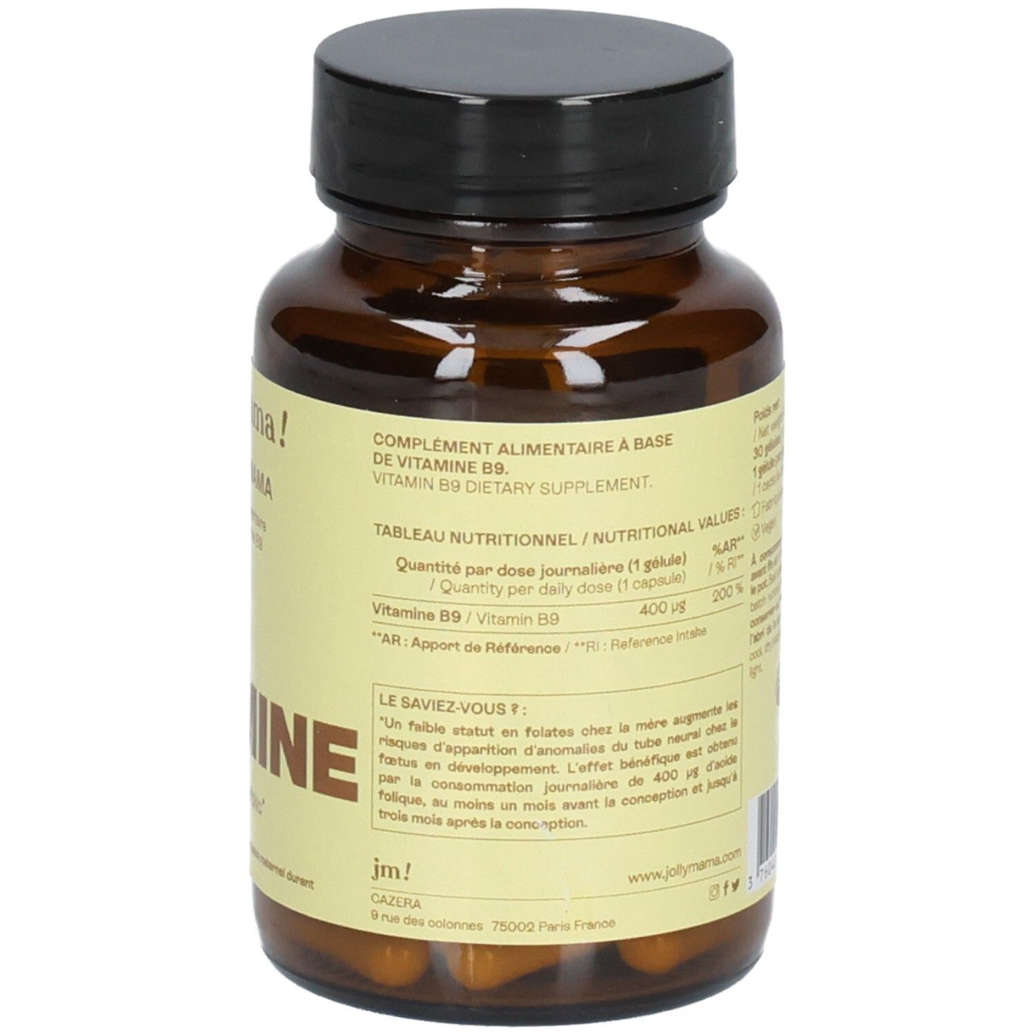 Flacon en verre brun avec bouchon noir. Étiquette avec informations nutritionnelles et texte. Gélules visibles.