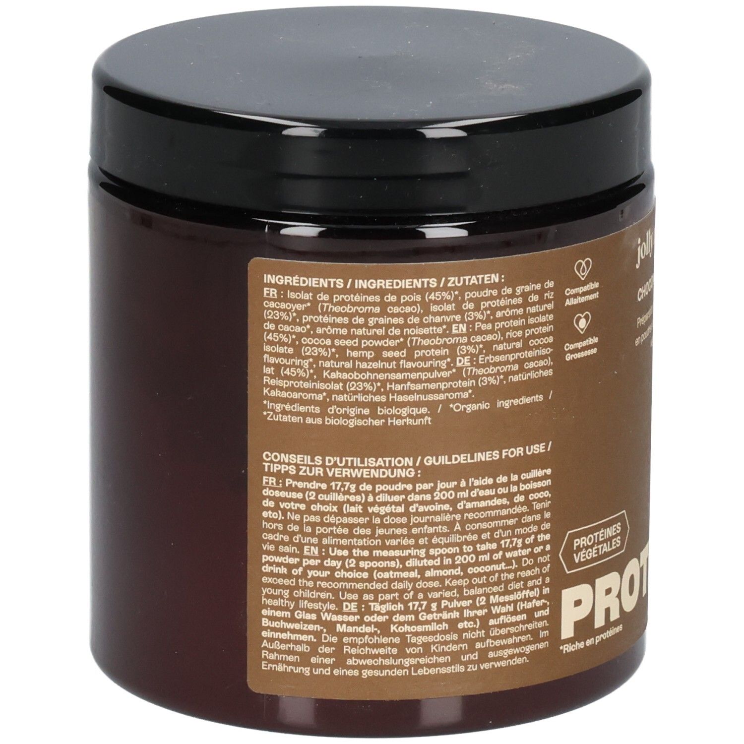 Dos du pot marron avec couvercle noir. Texte en français et allemand. Liste des ingrédients et conseils d'utilisation.