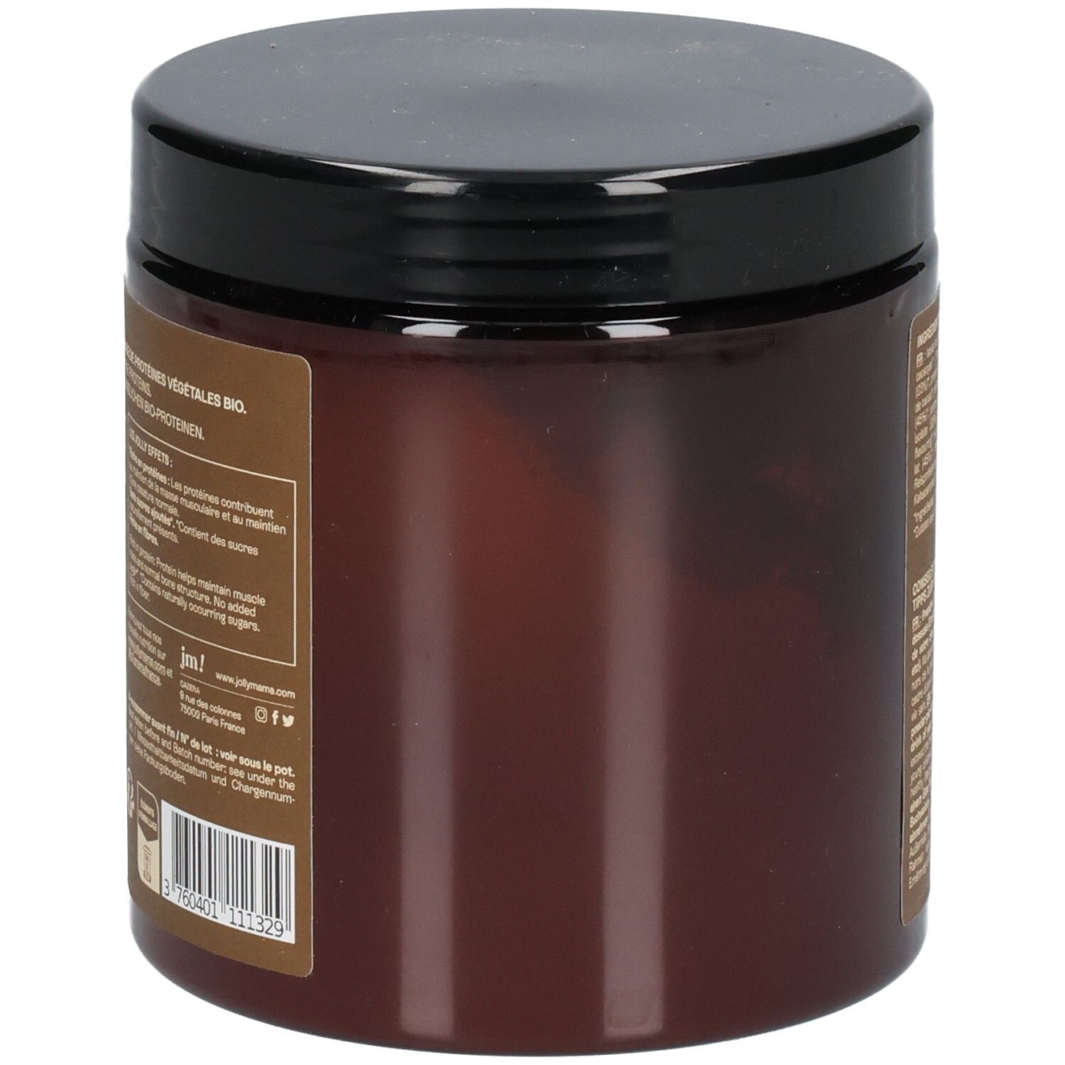 Pot marron avec couvercle noir. Texte en français. Code-barres en bas. Informations du fabricant.