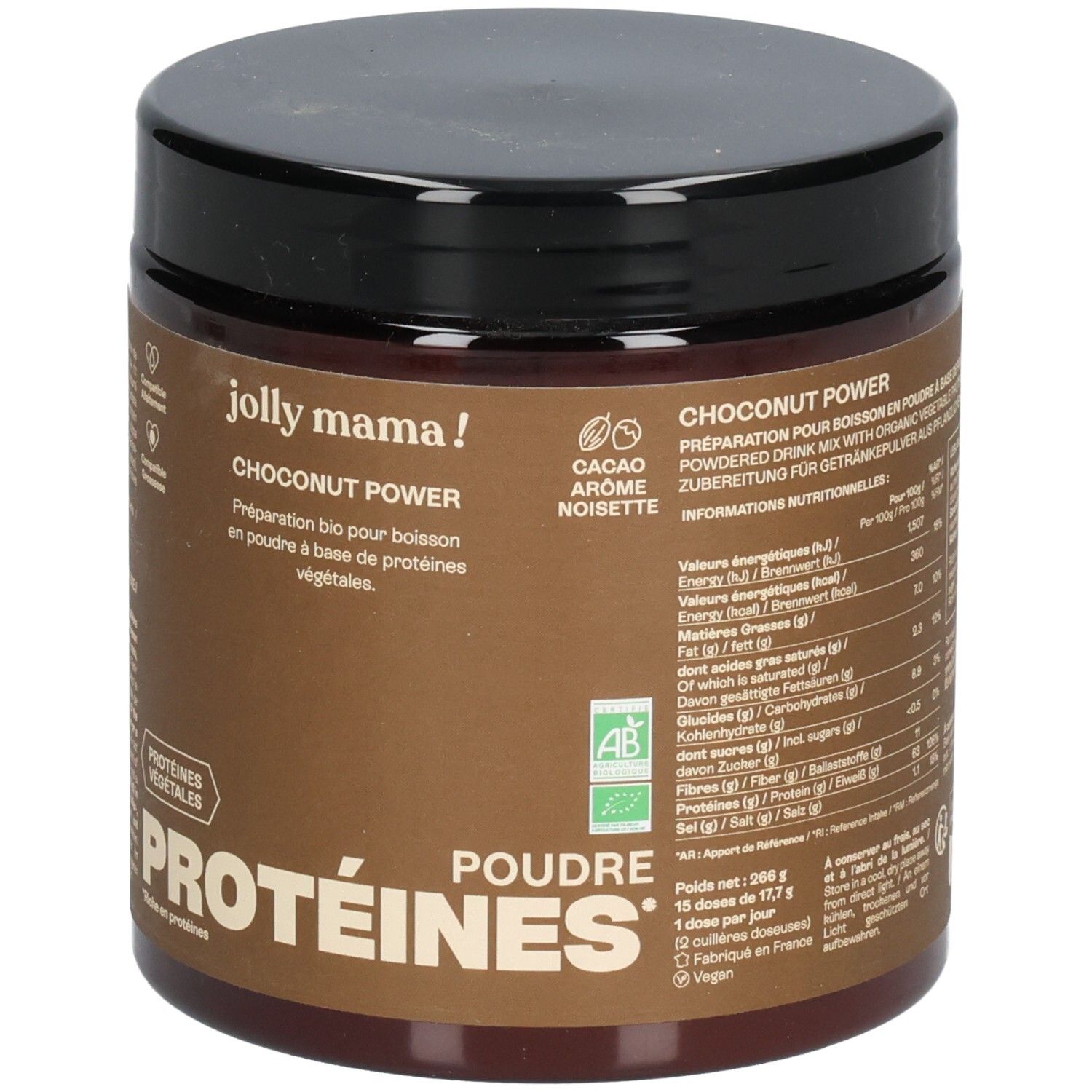 Pot marron avec couvercle noir. Inscription: Jolly Mama Choconut Power. Texte en français. Certification bio.