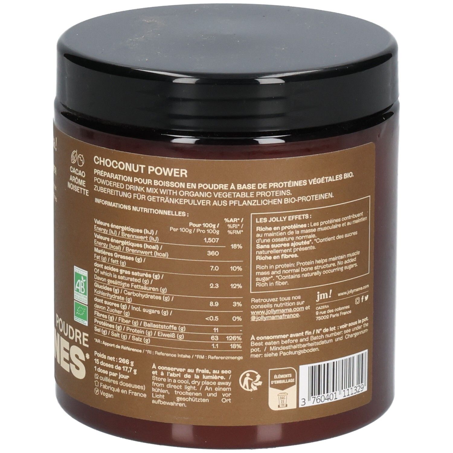 Pot marron avec couvercle noir. Inscription: Jolly Mama Choconut Power. Informations nutritionnelles en français et allemand.
