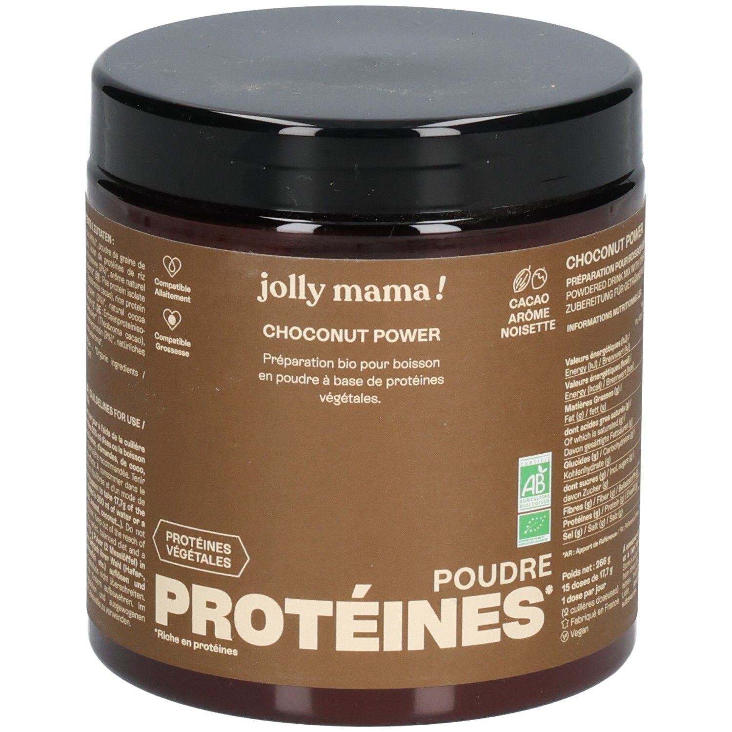 Pot marron avec couvercle noir. Inscription: Jolly Mama Choconut Power. Texte en français. Certification bio.