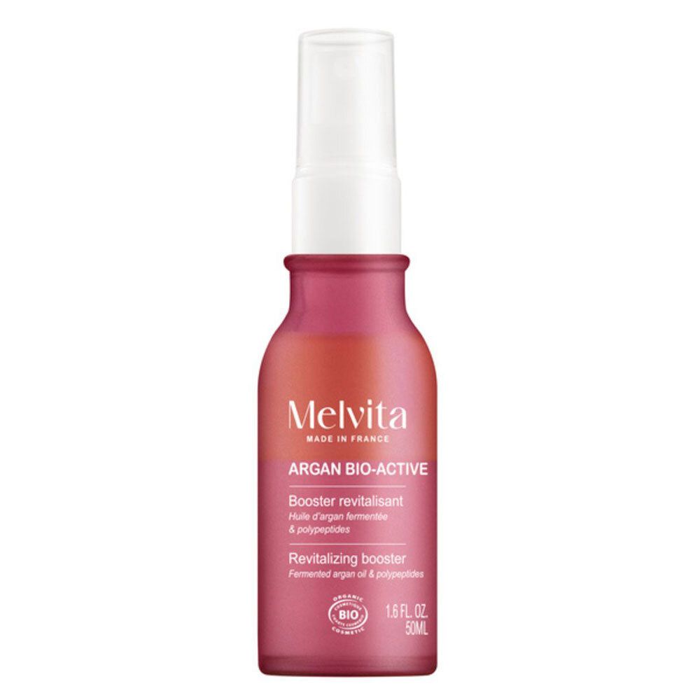 Flacon rouge avec vaporisateur. Inscription: Melvita Argan Bio-Active. Made in France. Label Bio.