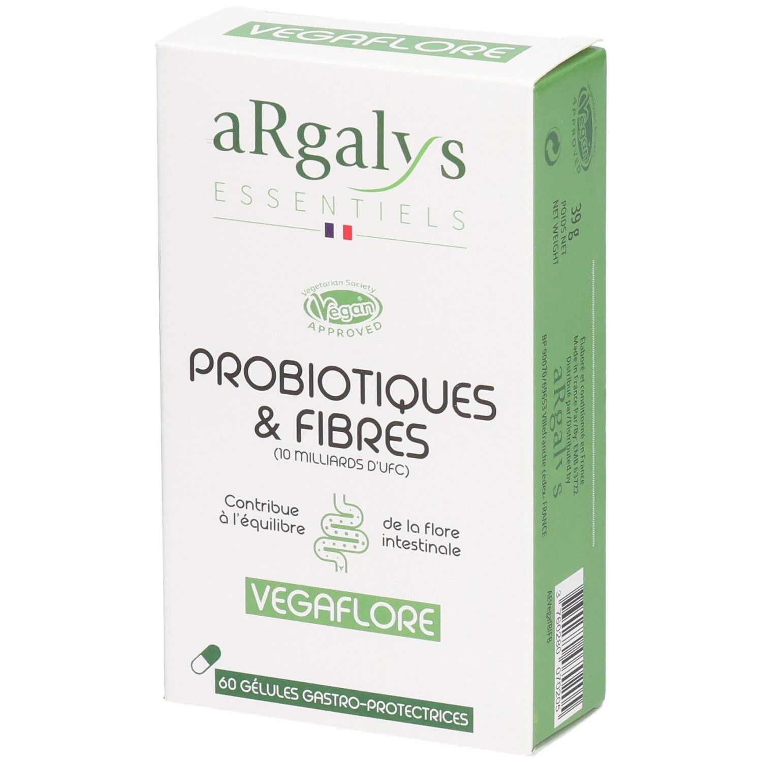 Boîte blanche avec nom et logo du produit. Contient probiotiques & fibres. Label Vegan. 60 gélules.
