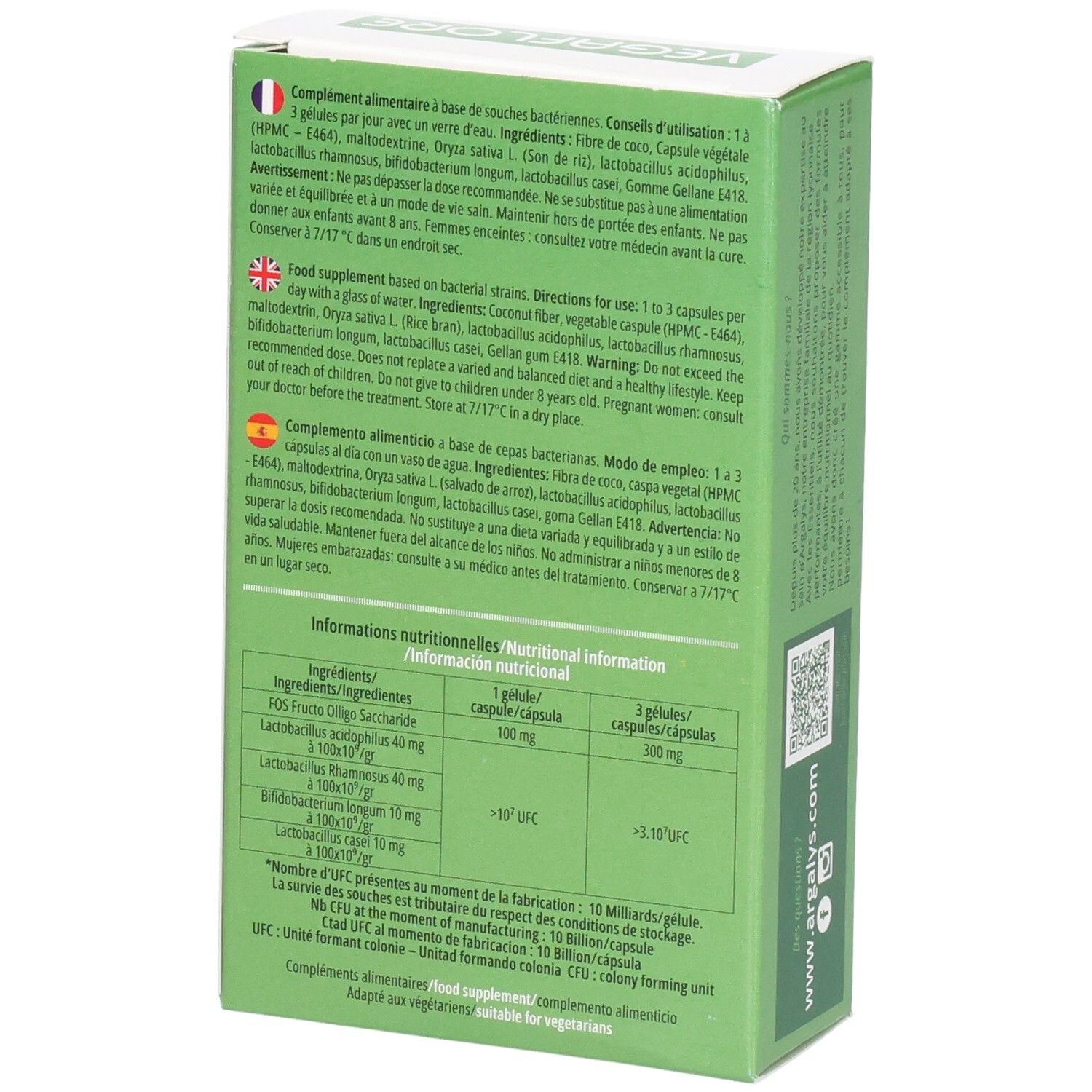 Dos de la boîte avec ingrédients et informations nutritionnelles. Multilingue.