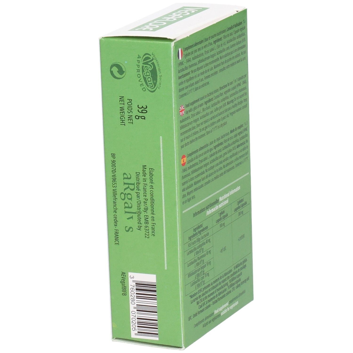 Côté vert de la boîte avec indication du poids et informations fabricant. Code-barres.