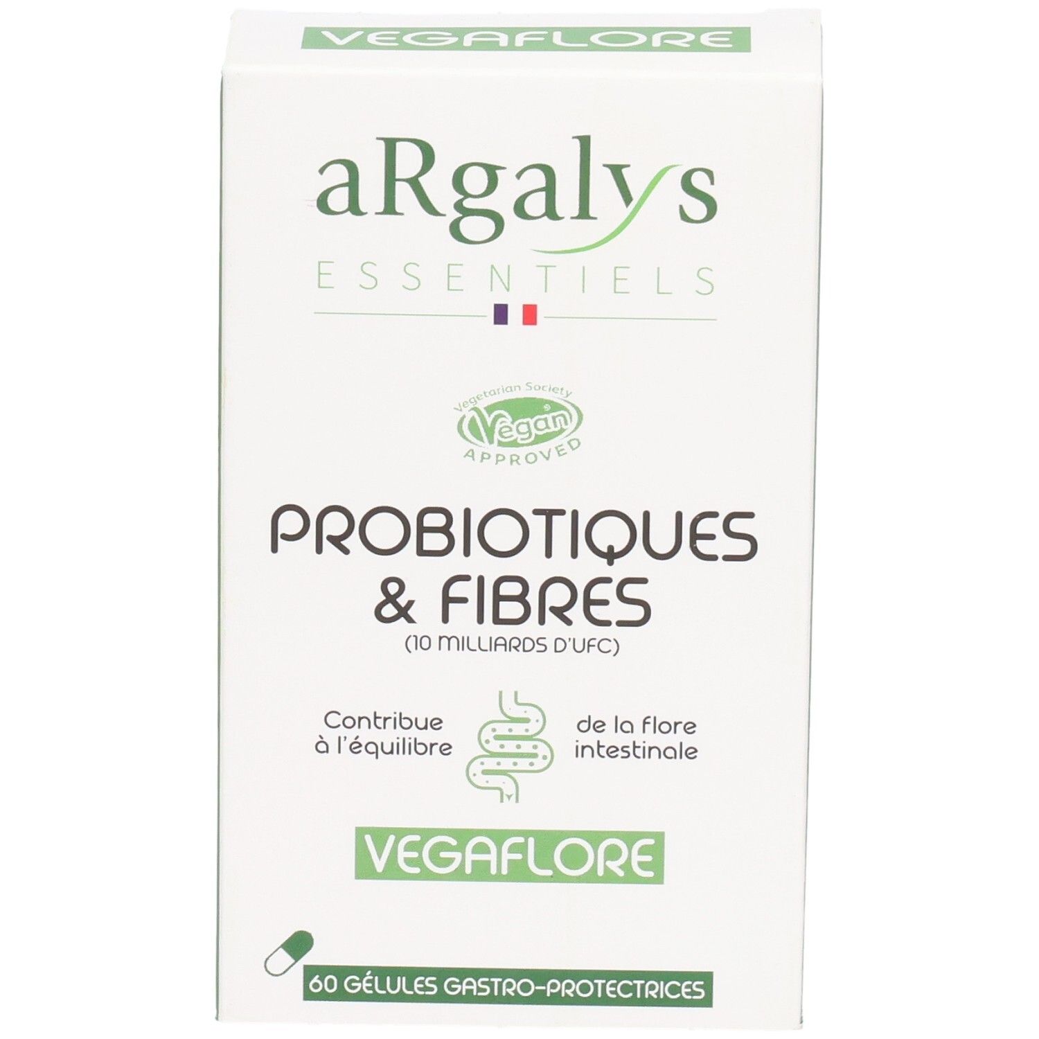 Boîte blanche avec nom et logo du produit. Contient probiotiques & fibres. Label Vegan. 60 gélules.