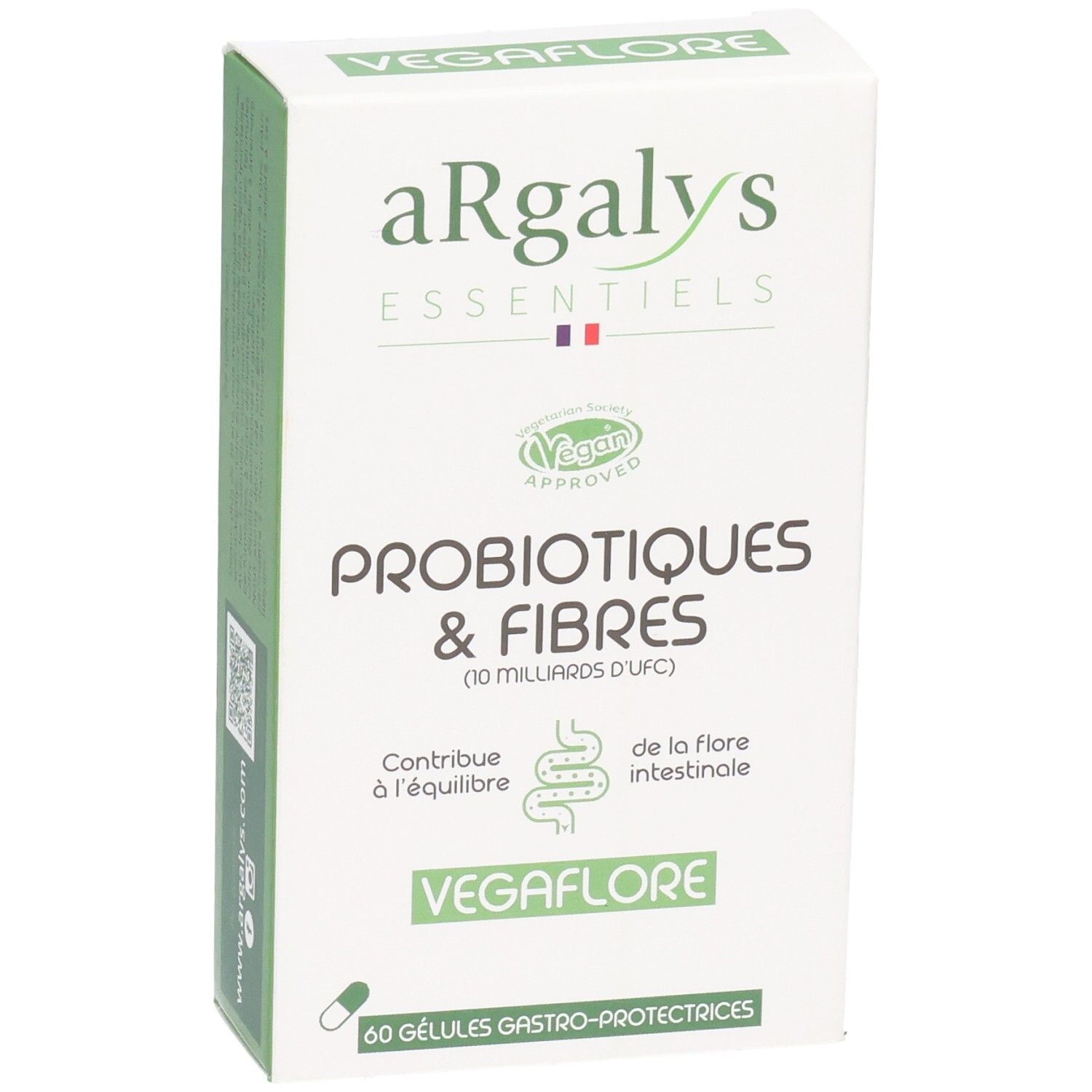 Boîte blanche avec nom et logo du produit. Contient probiotiques & fibres. Label Vegan. 60 gélules.