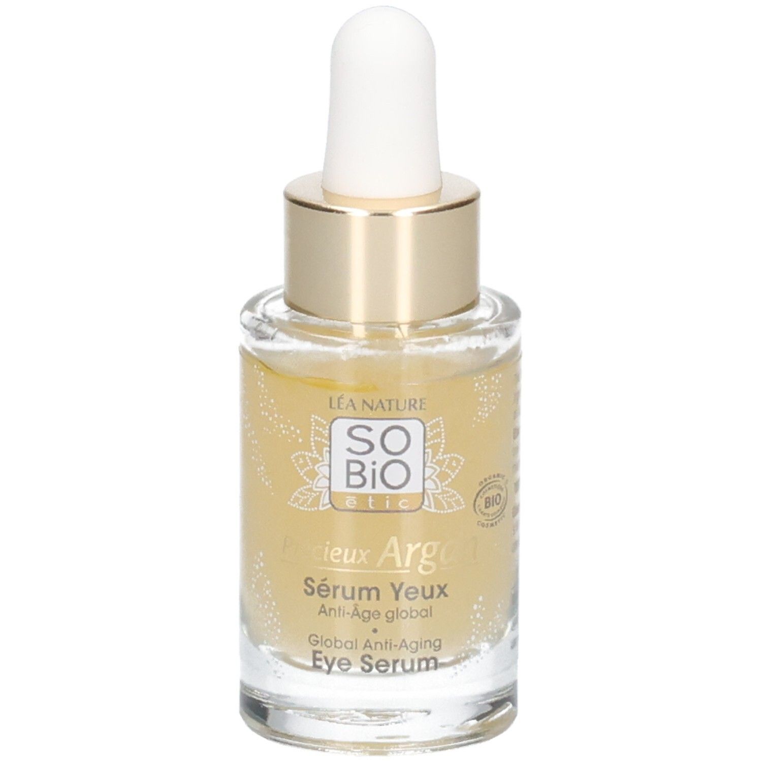 Flacon en verre avec bouchon doré et pipette. Inscription: Sérum Yeux Anti-Âge global. Certification bio.