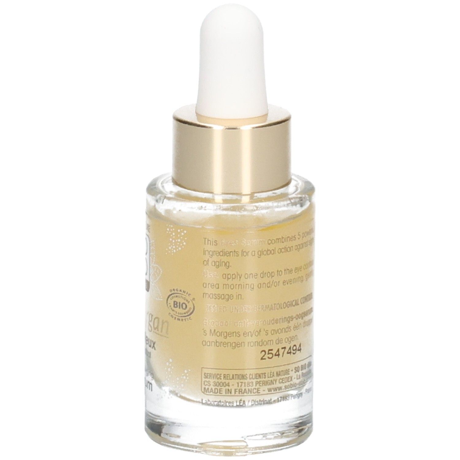 Dos du flacon en verre avec texte. Inscription: 5 actifs. Certification bio. Volume: 14 ml.