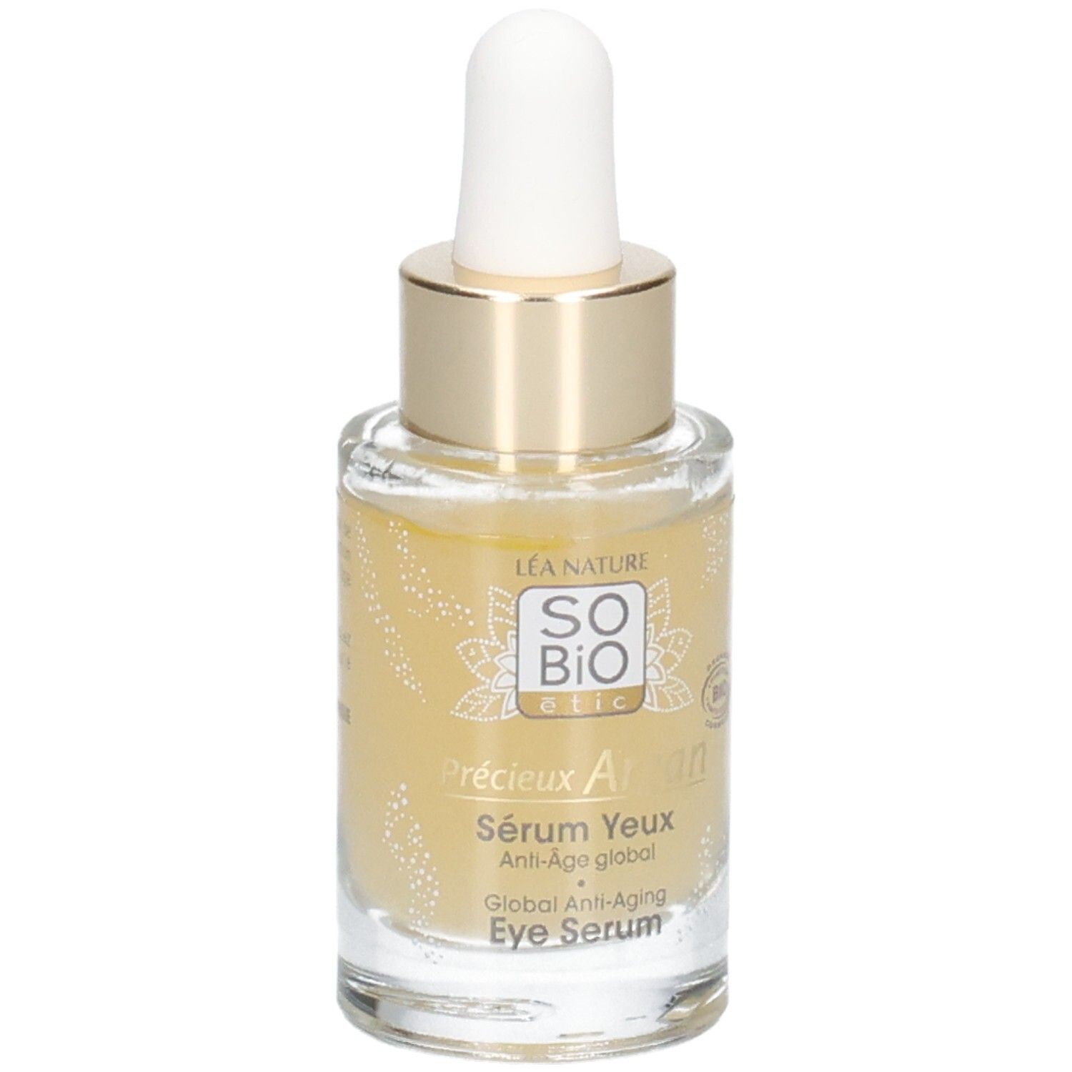 Flacon en verre avec bouchon doré et pipette. Inscription: Sérum Yeux Anti-Âge global. Certification bio.