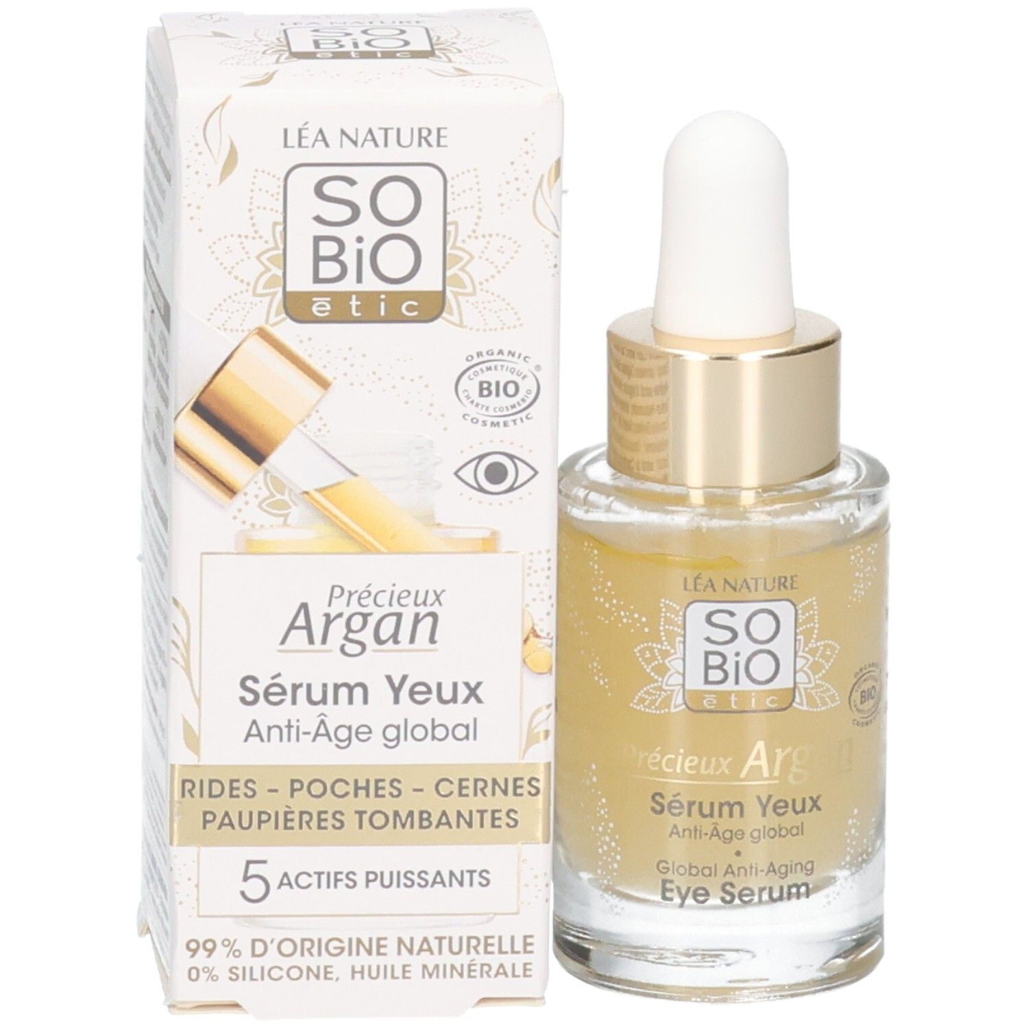 Emballage et flacon. Inscription: Sérum Yeux Anti-Âge global. 5 actifs. Certification bio.
