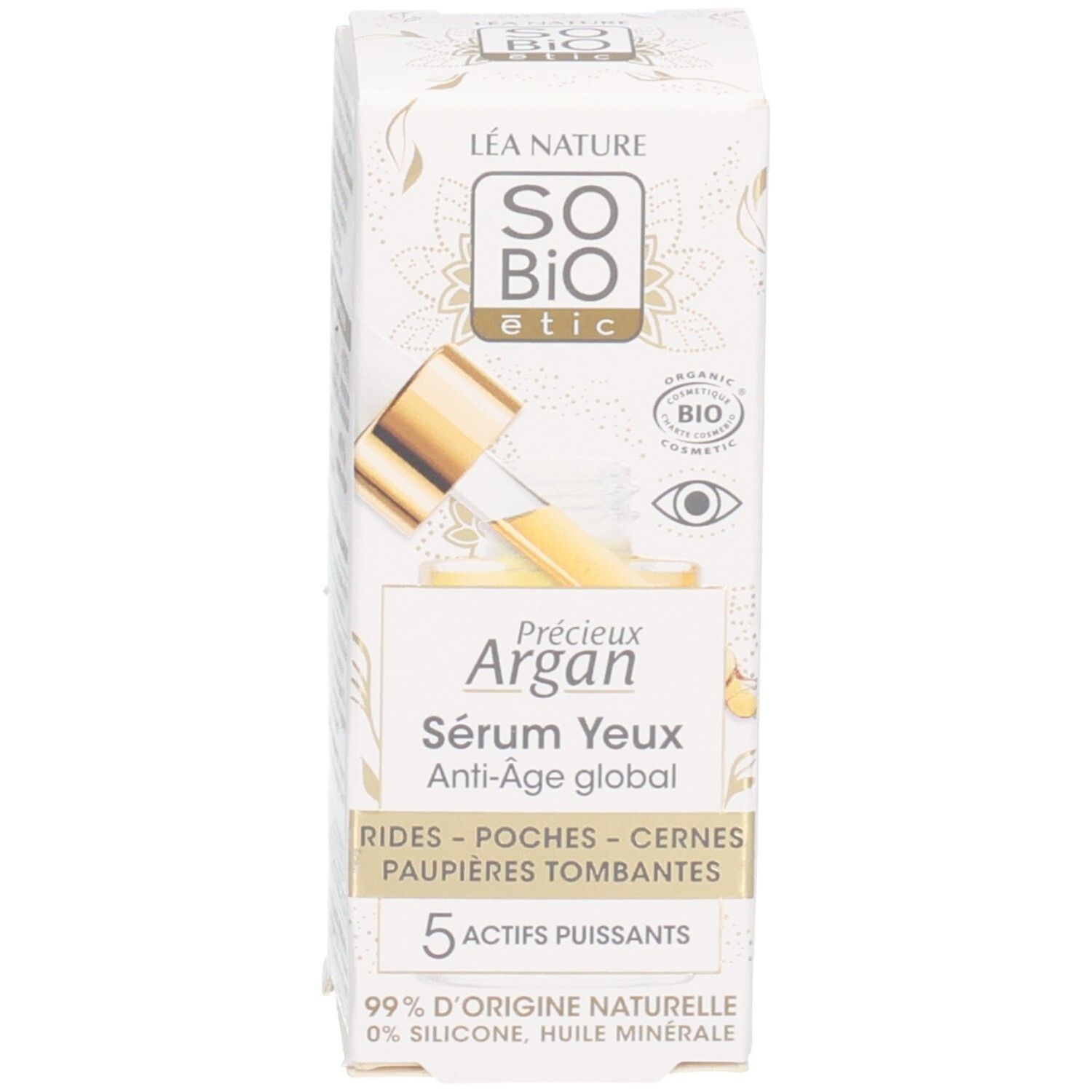 Emballage du produit. Inscription: Sérum Yeux Anti-Âge global. 5 actifs. 99% d'origine naturelle.