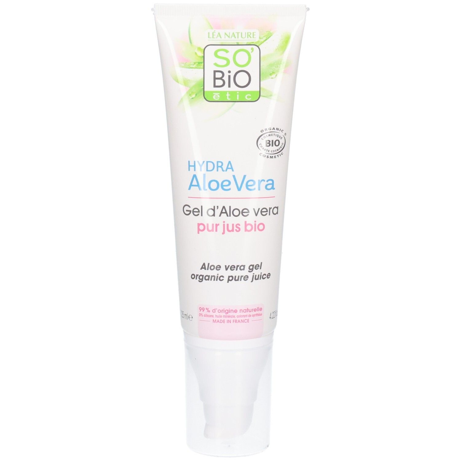 Tube blanche avec accents verts et roses. Inscription: Hydra Aloe Vera Gel. Certification bio. Nom du produit et logo.