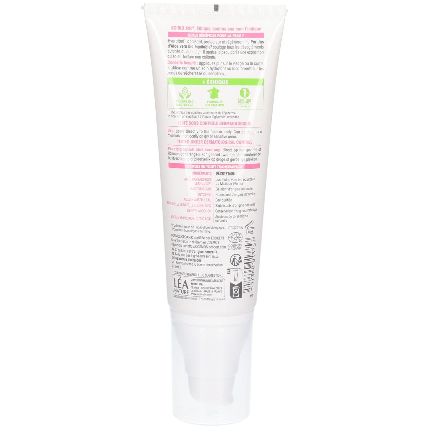 Dos du tube blanc. Texte multilingue. Certifications et logos bio. Ingrédients et informations fabricant.