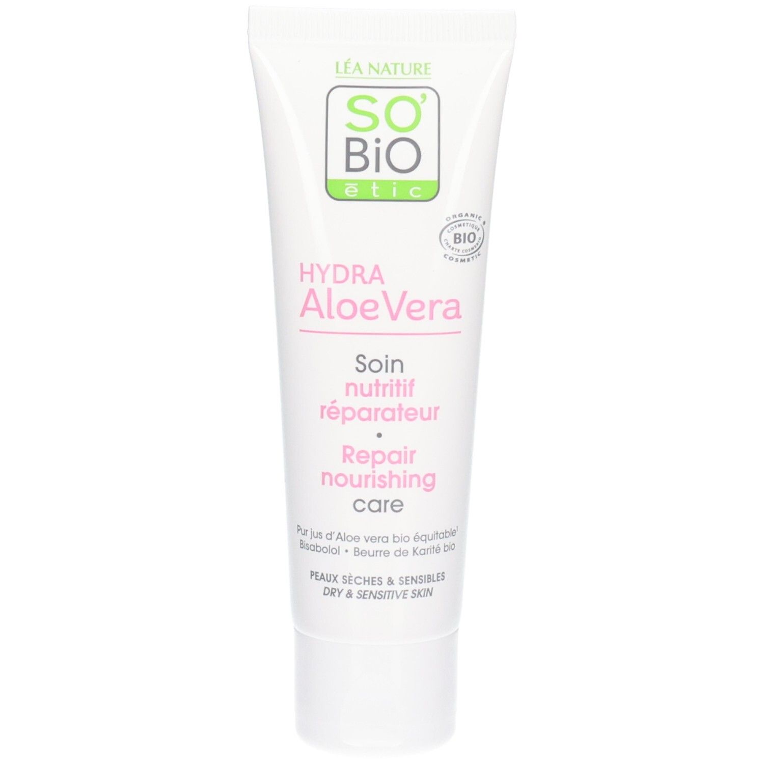 Tube blanc So Bio Etic Hydra Aloe Vera. Texte: Soin nutritif réparateur, Peaux sèches & sensibles. Label bio.