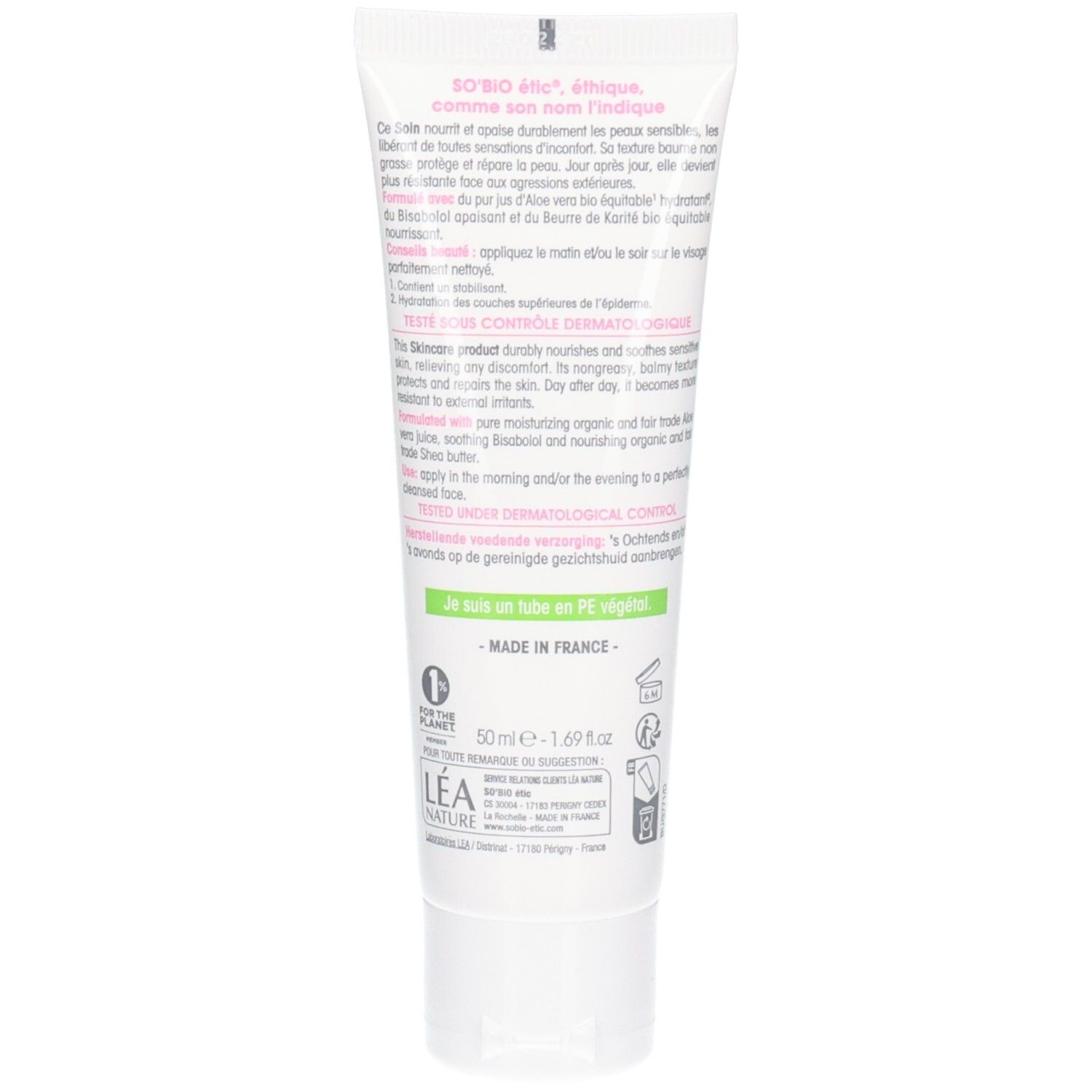 Dos du tube So Bio Etic Hydra Aloe Vera. Texte: Ingrédients, conseils d'utilisation, testé dermatologiquement. Fabriqué en France.