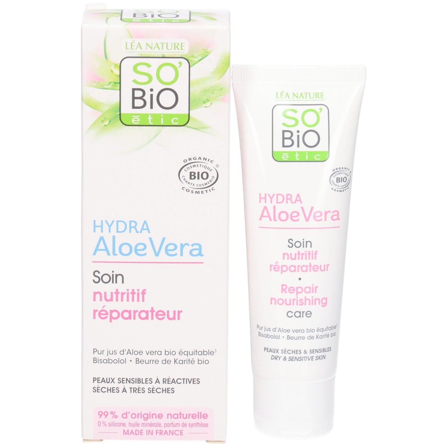Produit So Bio Etic Hydra Aloe Vera avec emballage. Tube et boîte. Texte: Hydra Aloe Vera, Soin nutritif réparateur. Label bio.