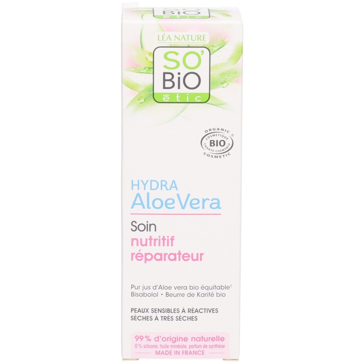Emballage So Bio Etic Hydra Aloe Vera. Texte: Hydra Aloe Vera, Soin nutritif réparateur, Peaux sensibles à très sèches. Label bio.