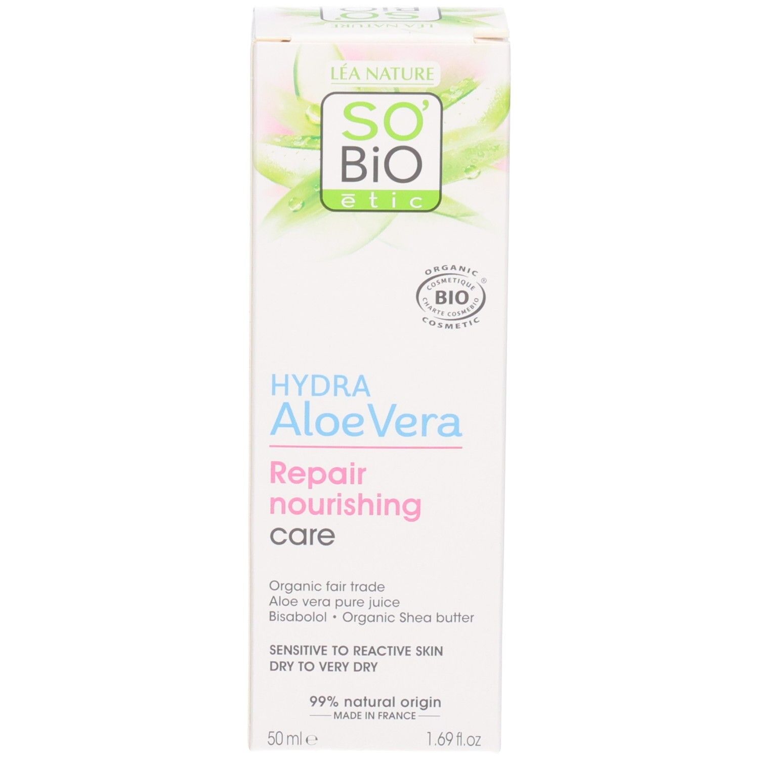 Face de l'emballage So Bio Etic Hydra Aloe Vera. Texte: Hydra Aloe Vera, Repair nourishing care, 99% d'origine naturelle. Label bio.