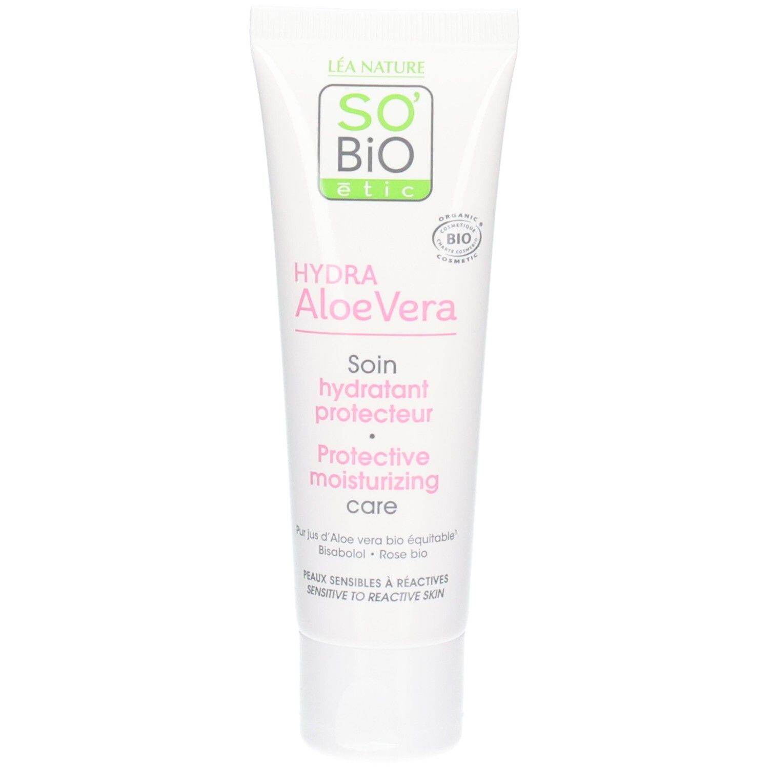 Tube blanc So Bio Etic Hydra Aloe Vera. Soin hydratant protecteur. Certification bio. Texte en français.