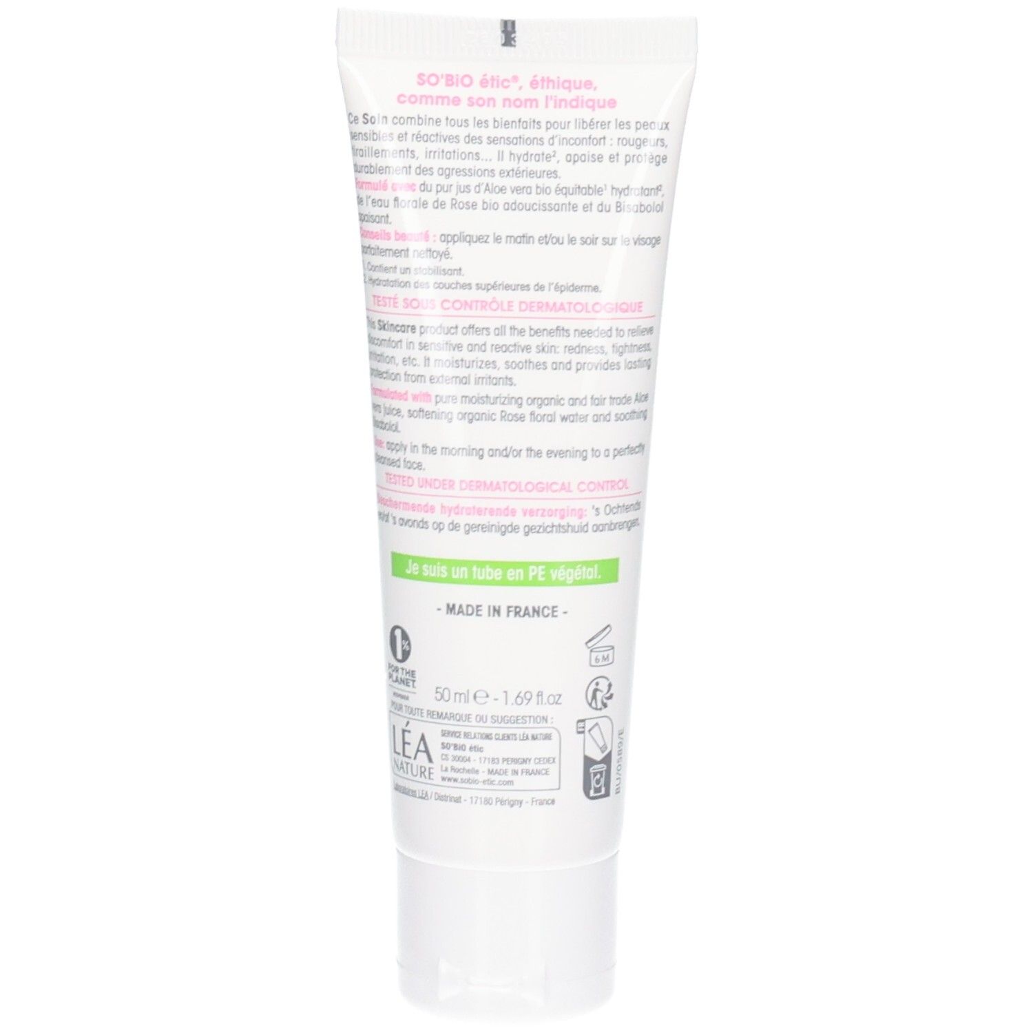 Dos du tube So Bio Etic Hydra Aloe Vera. Texte en français. Symbole de recyclage PE.