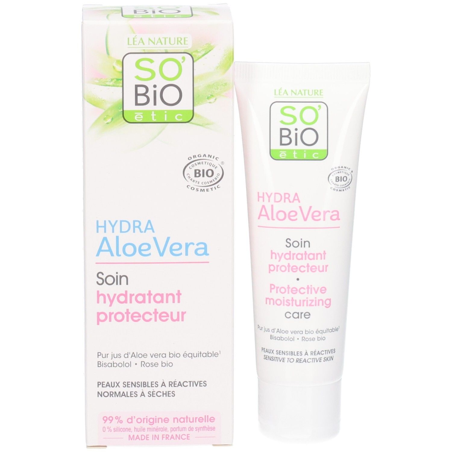 Emballage et tube So Bio Etic Hydra Aloe Vera. Texte: Hydra Aloe Vera, Soin hydratant protecteur.