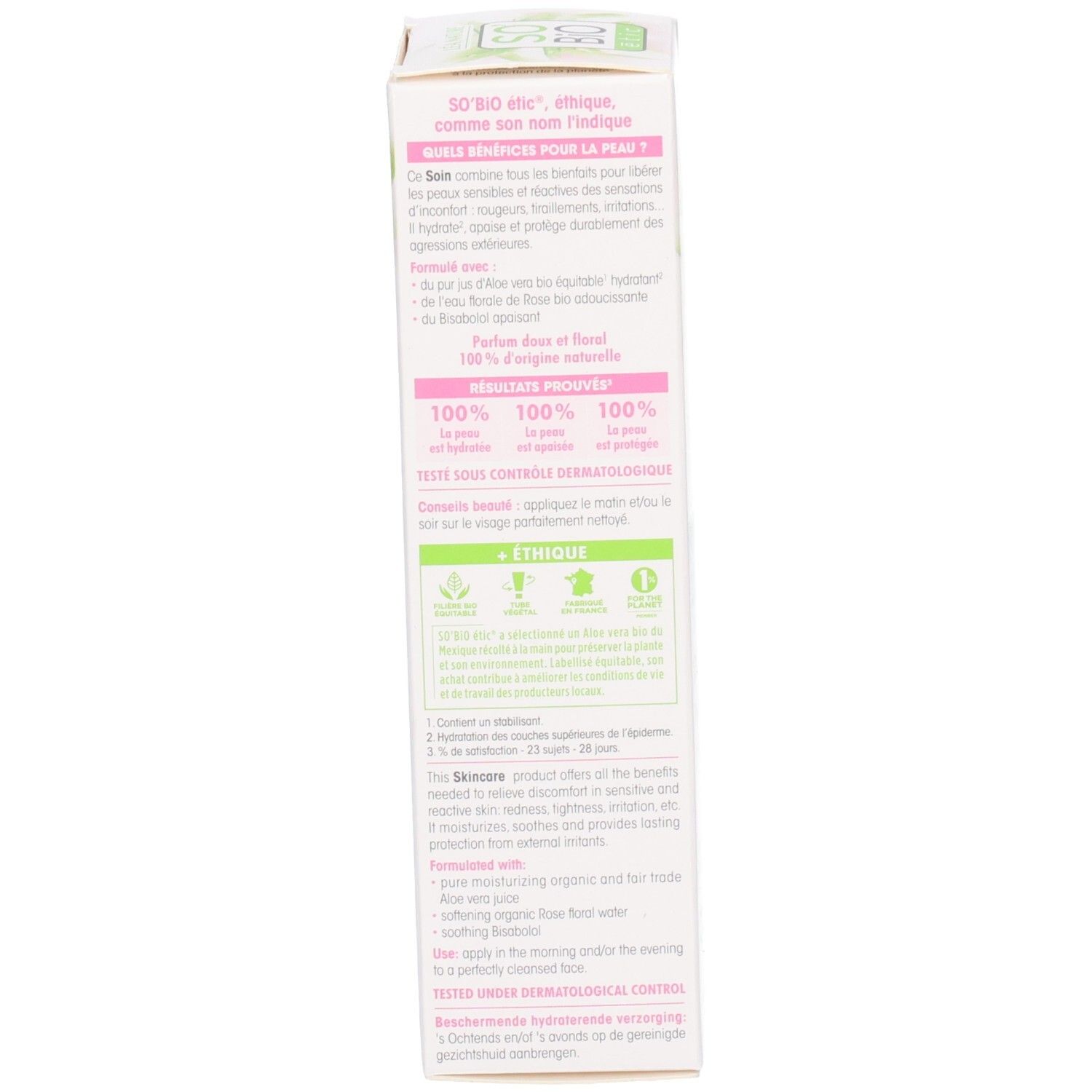 Emballage So Bio Etic Hydra Aloe Vera. Texte en français. Certification bio.