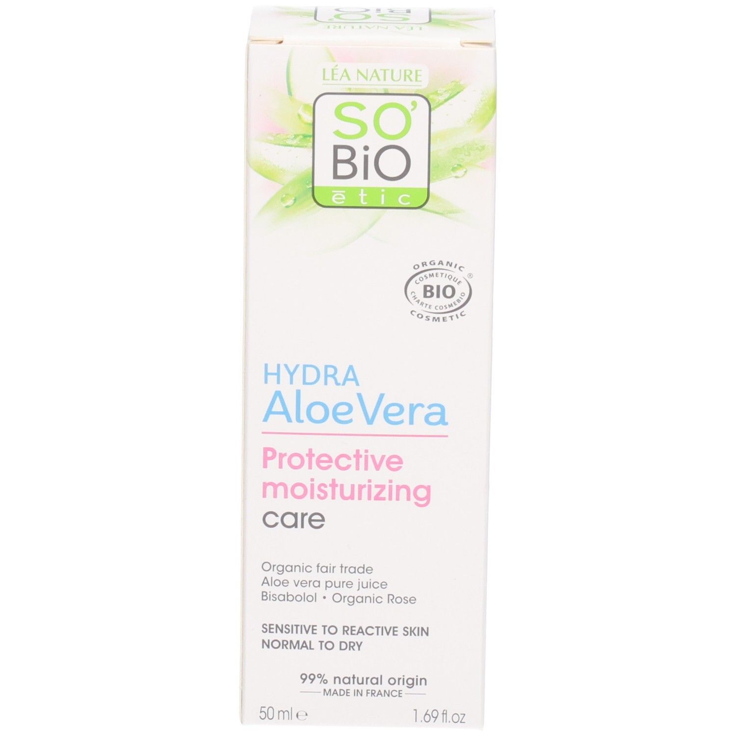 Emballage So Bio Etic Hydra Aloe Vera. Texte: Protective moisturizing care. 50ml, 1.69 fl oz.
