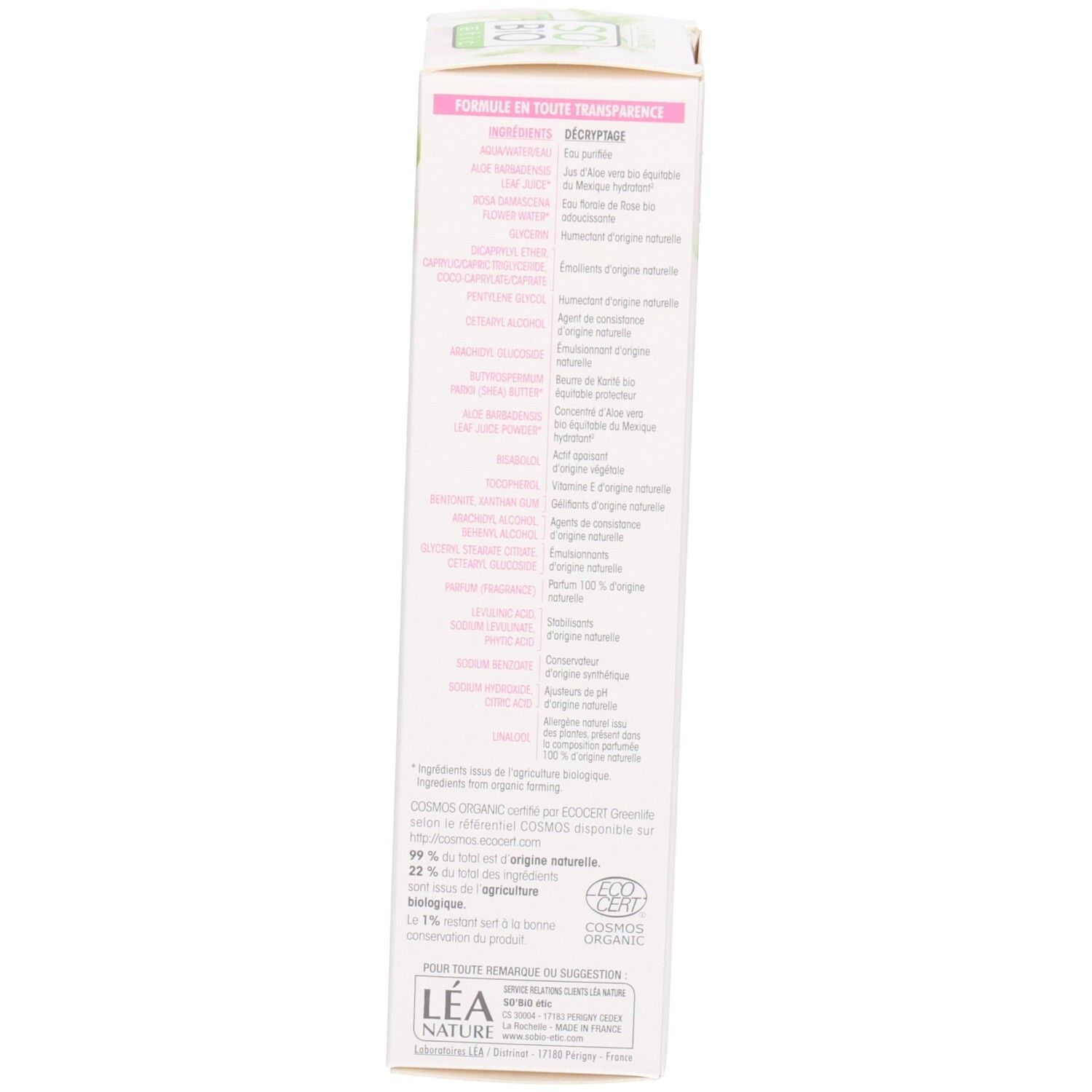 Côté de l'emballage So Bio Etic Hydra Aloe Vera. Texte en français. Certification bio.