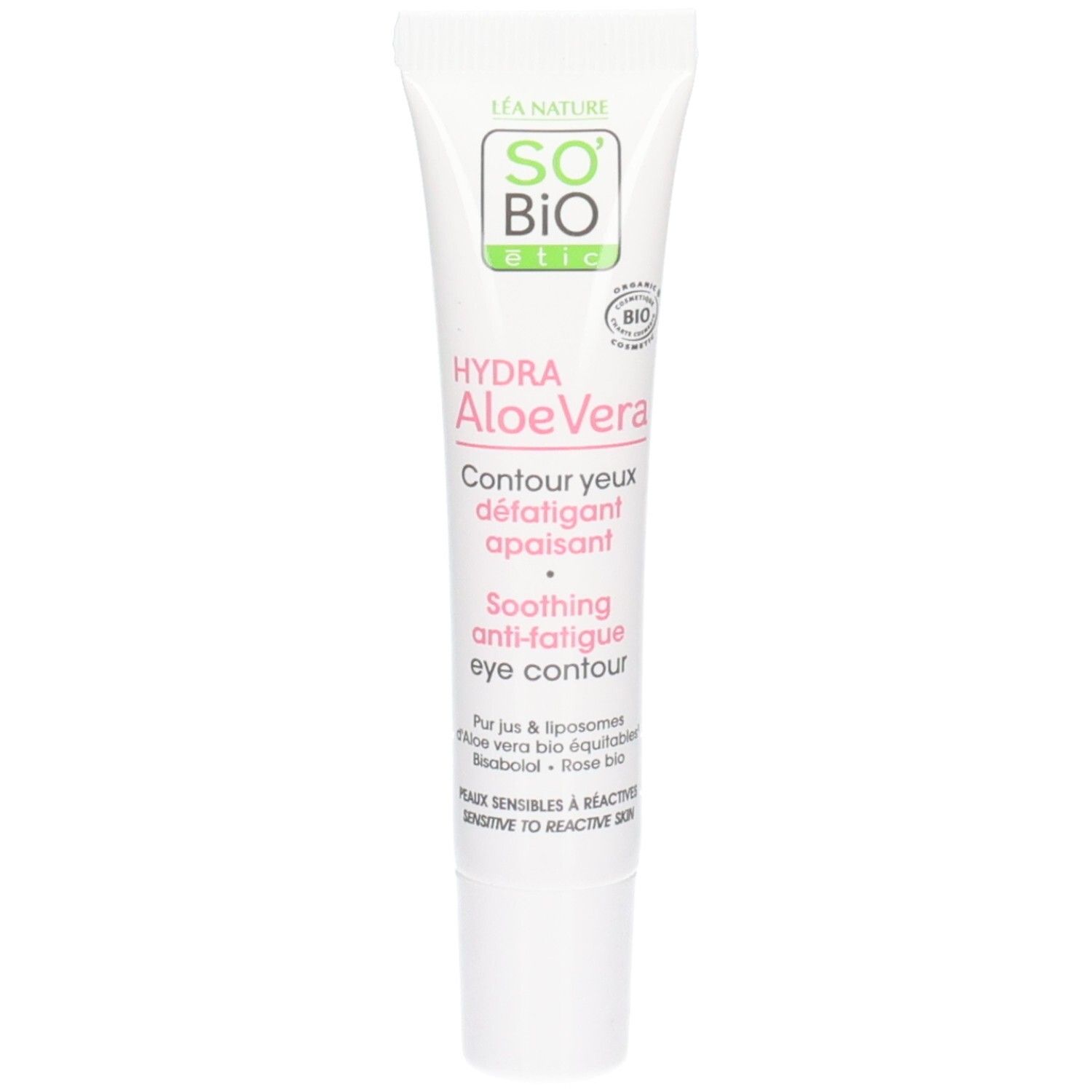 Tube blanc avec texte vert et rose. Contient So Bio Etic Hydra Aloe Vera Contour Yeux Apaisant. Certification bio.