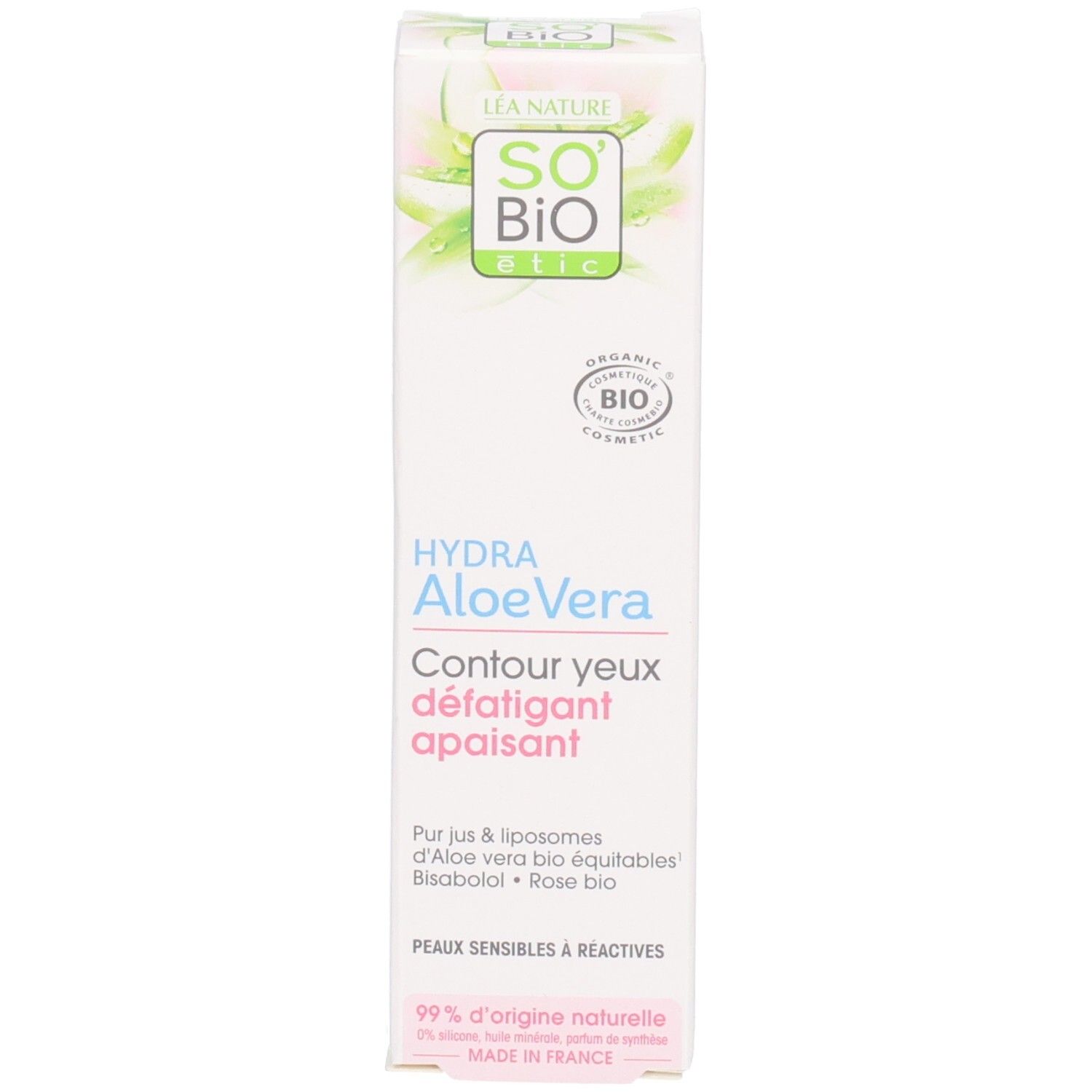 Emballage du produit. Blanc avec texte vert et rose. Contient le nom et le logo du produit. Certification bio.