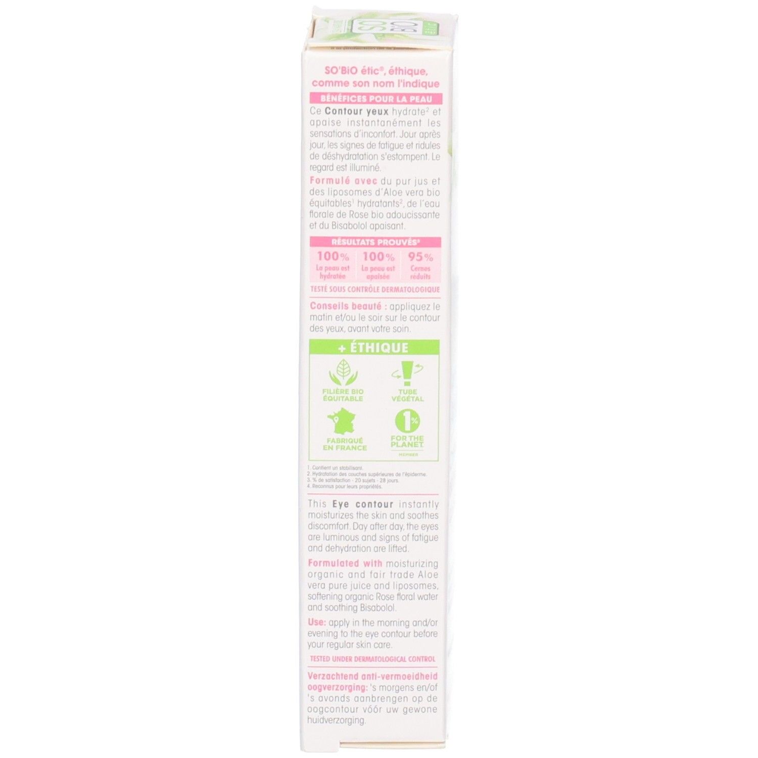 Emballage du produit. Texte multilingue. Contient des informations sur les ingrédients et l'utilisation.