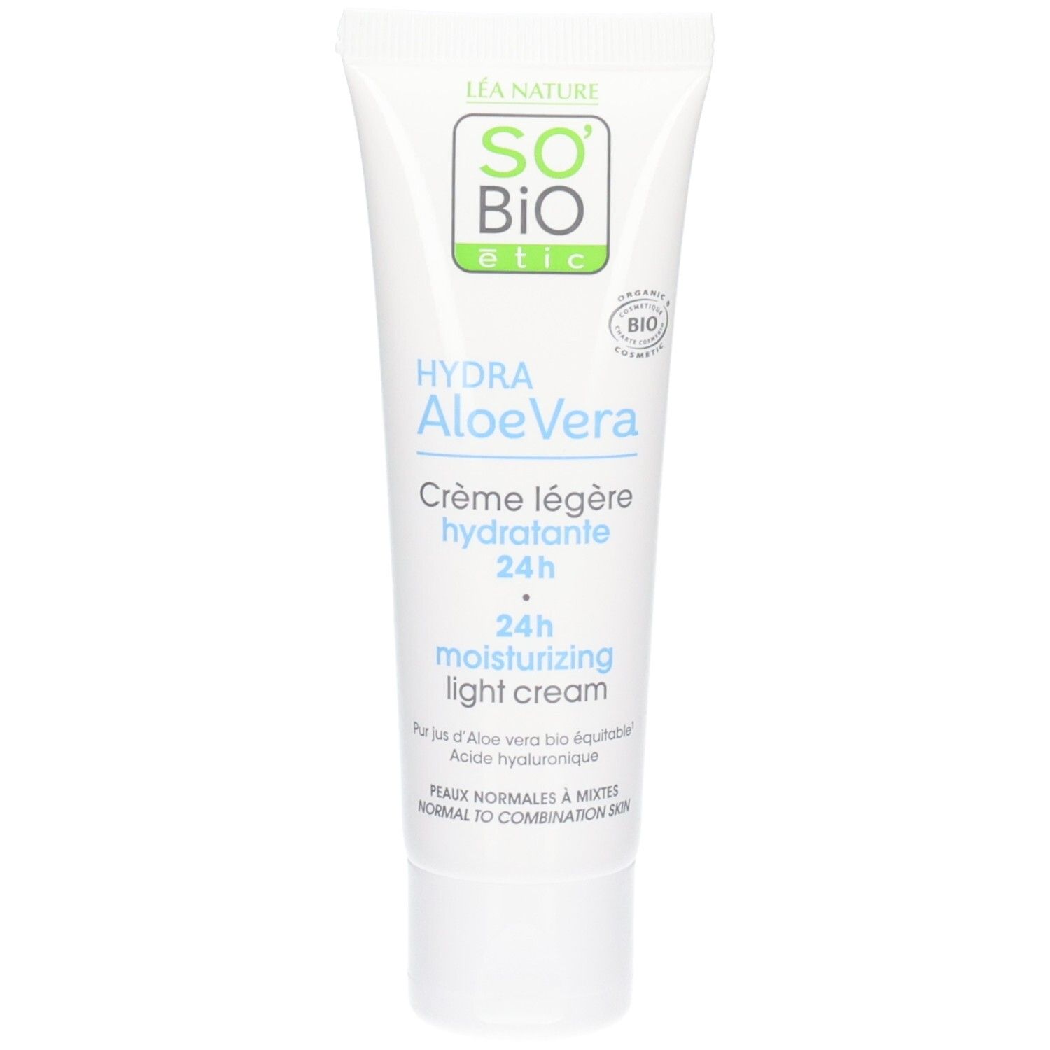 Tube blanc So Bio Etic Hydra Aloe Vera Crème Légère Hydratante 24h. Certification bio. Texte en français.
