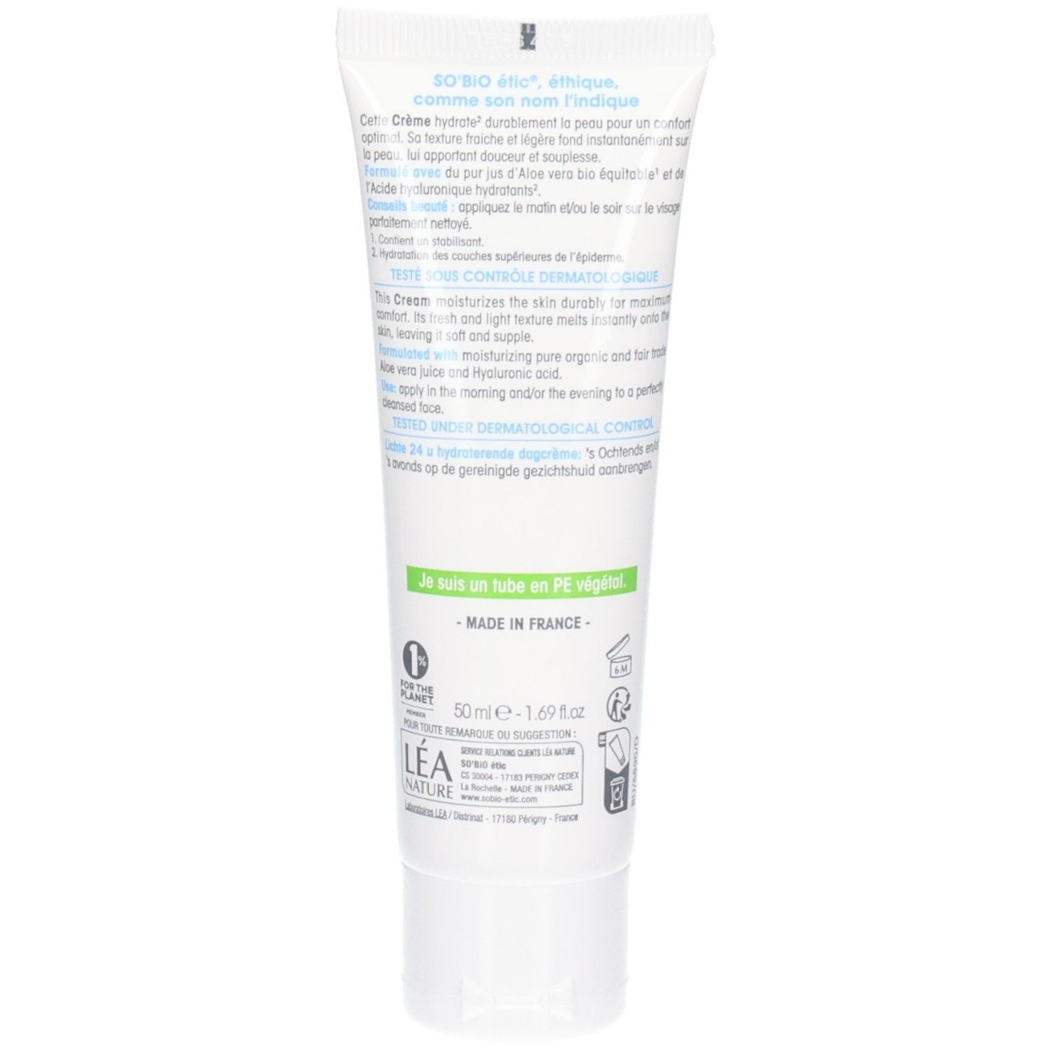 Dos du tube blanc. Texte en français. Contient des informations sur les ingrédients et les certifications.