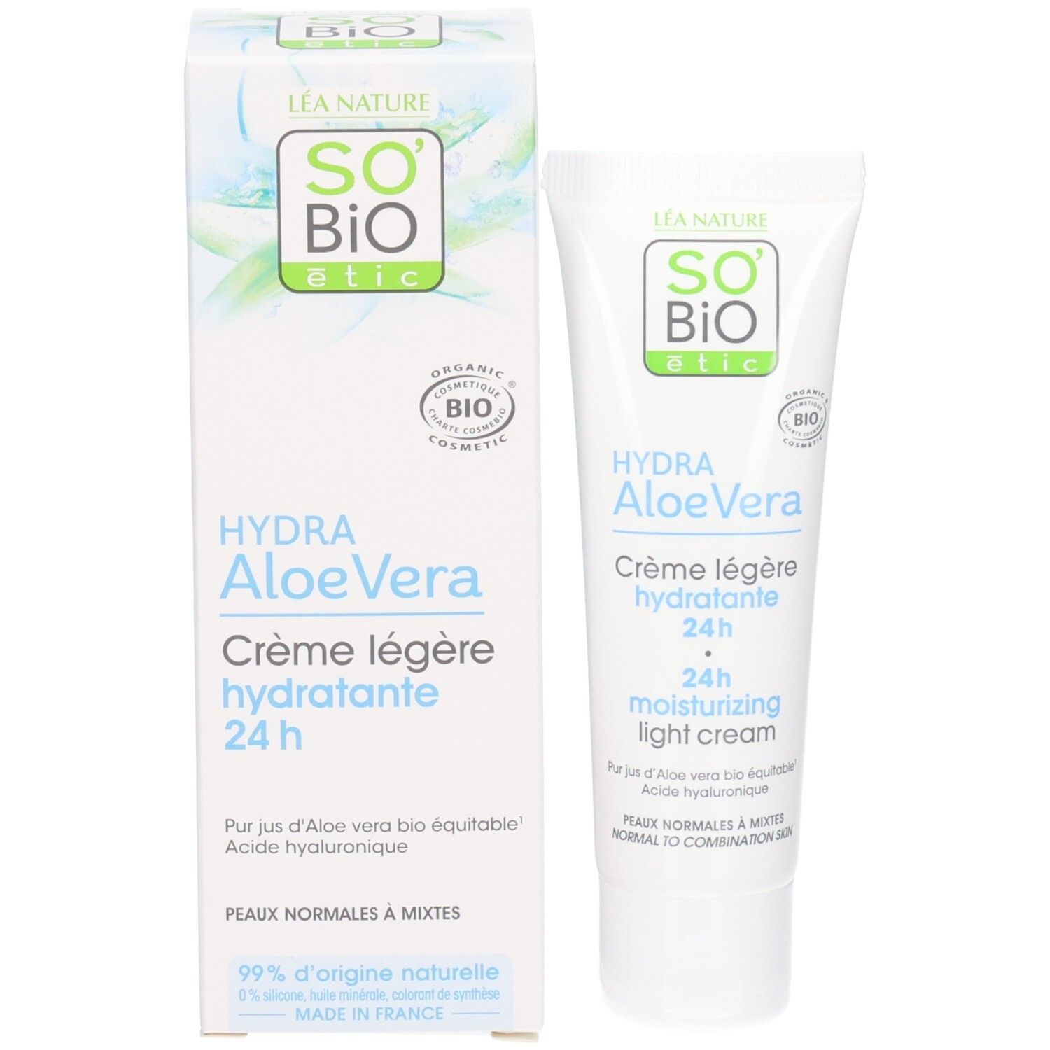 Emballage et tube. So Bio Etic Hydra Aloe Vera Crème Légère Hydratante 24h. Certification bio. Texte en français.