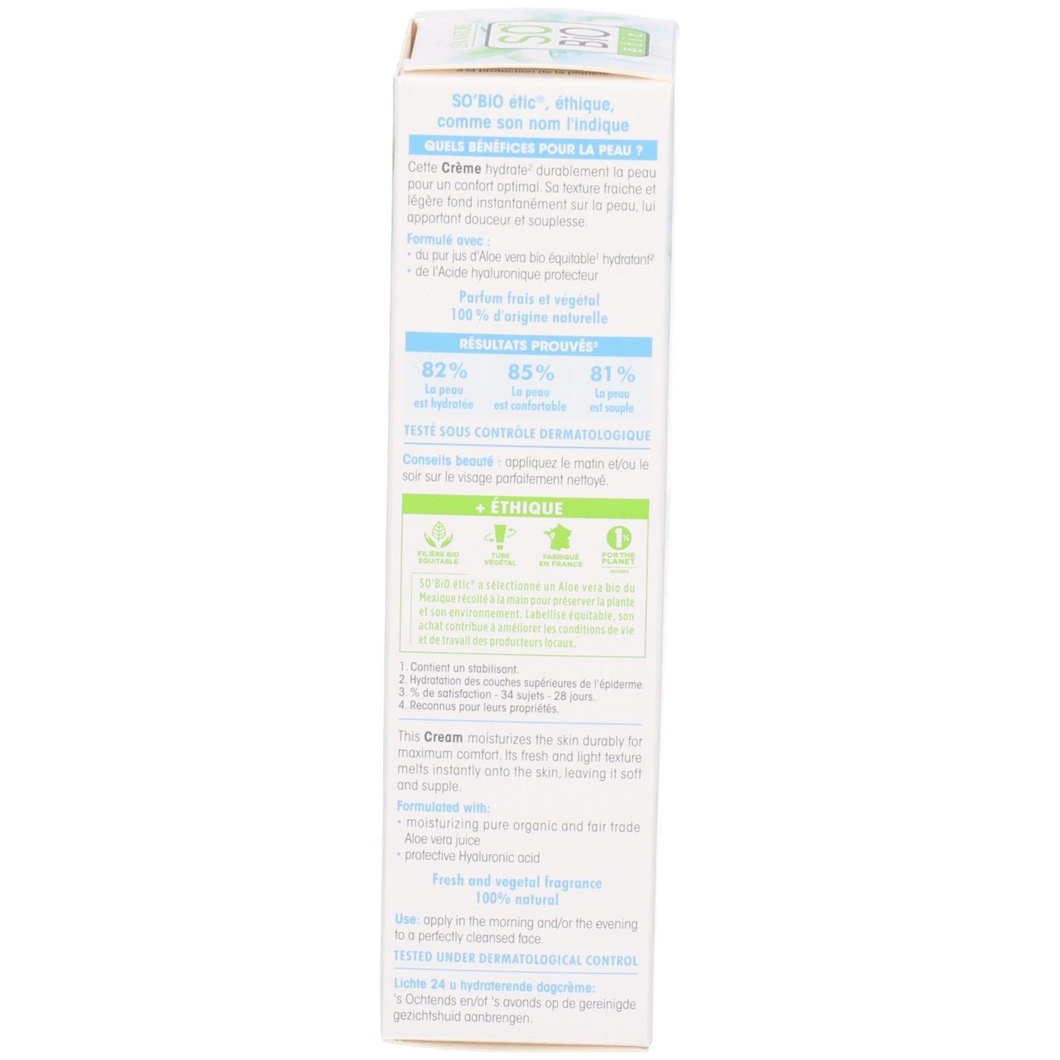 Dos de l'emballage. Texte en français. Contient des informations sur les ingrédients et les résultats.