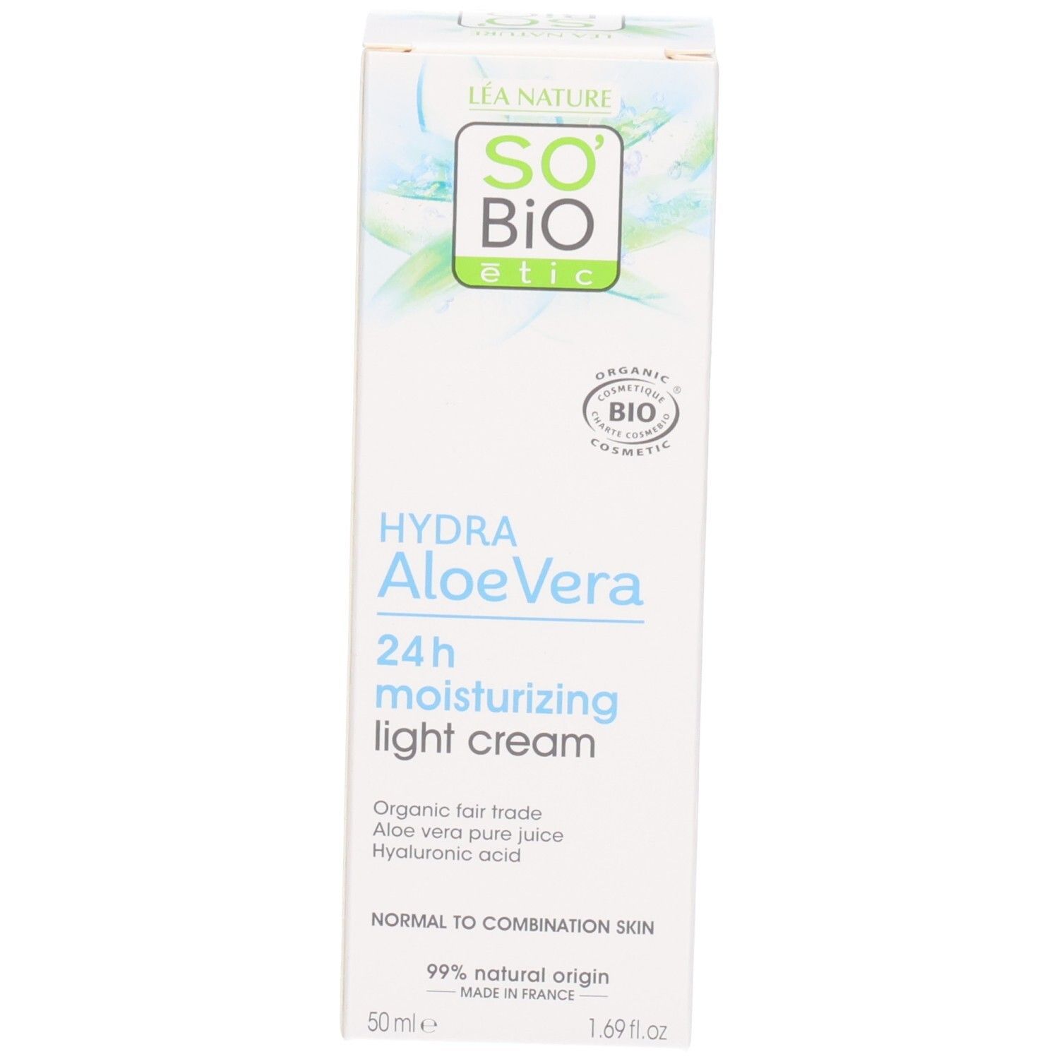Emballage du produit. So Bio Etic Hydra Aloe Vera Crème Légère Hydratante 24h. Certification bio. Texte en français.