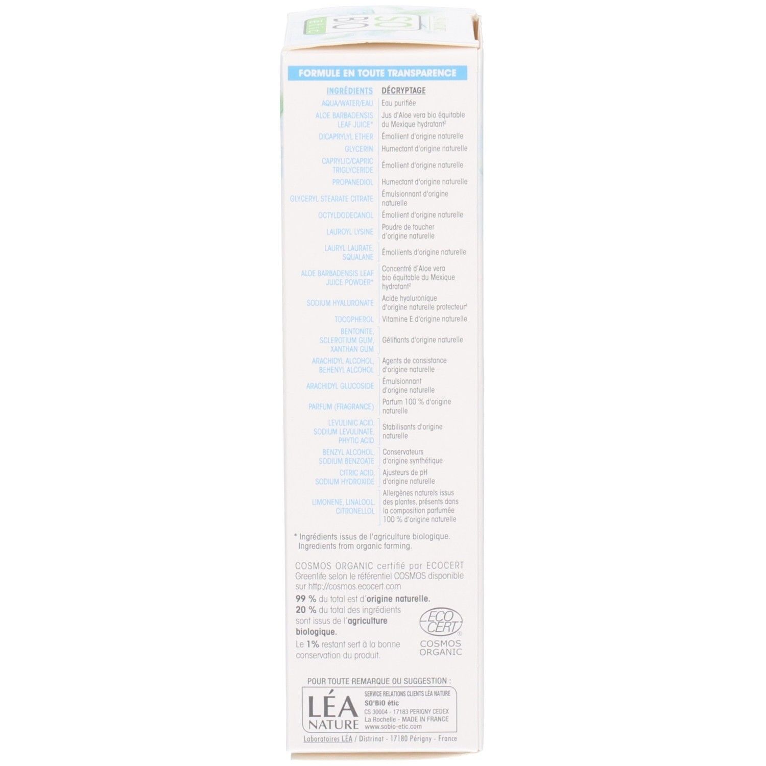 Côté de l'emballage. Texte en français. Contient des informations sur les ingrédients et les certifications.