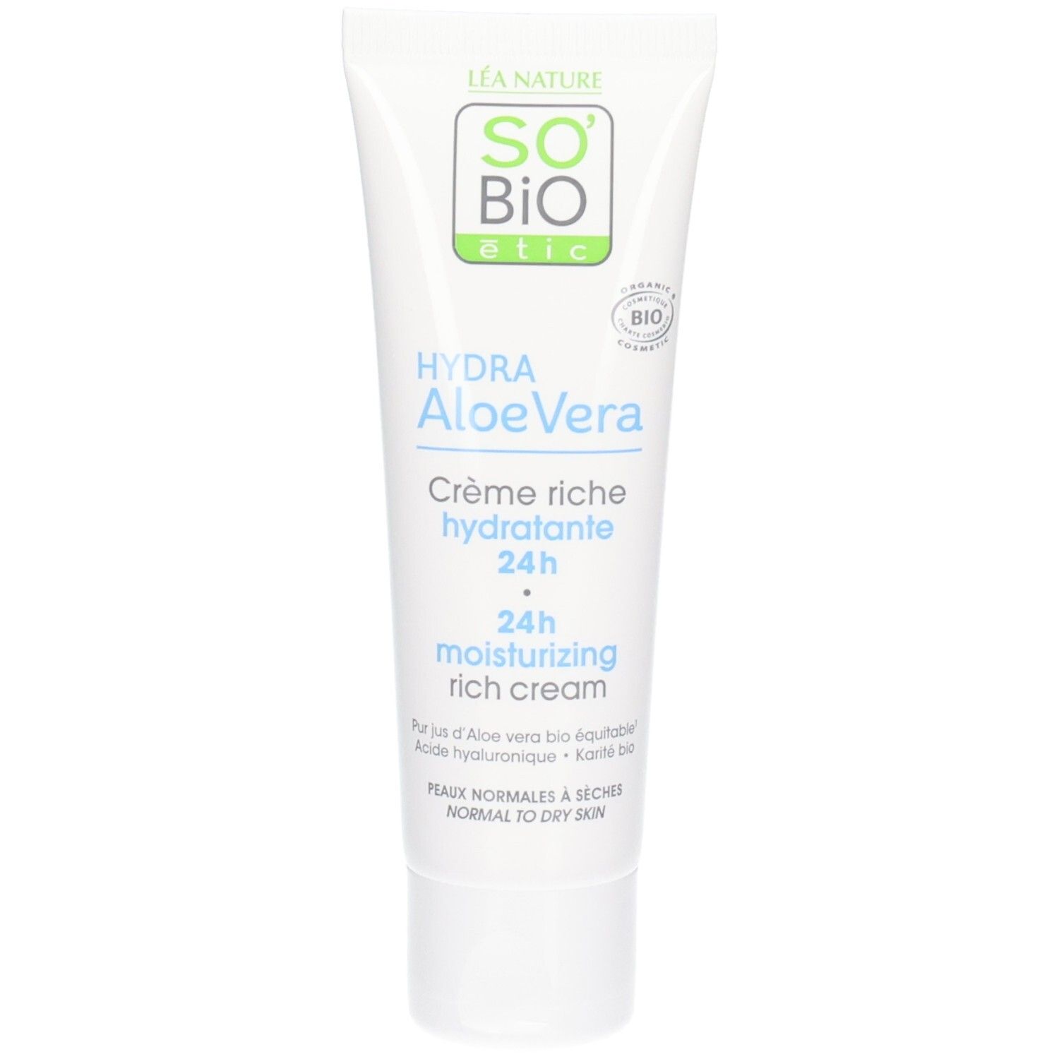 Tube blanc So Bio Etic. Texte: Hydra Aloe Vera Crème Riche Hydratante 24h. Logo bio. Crème hydratante.
