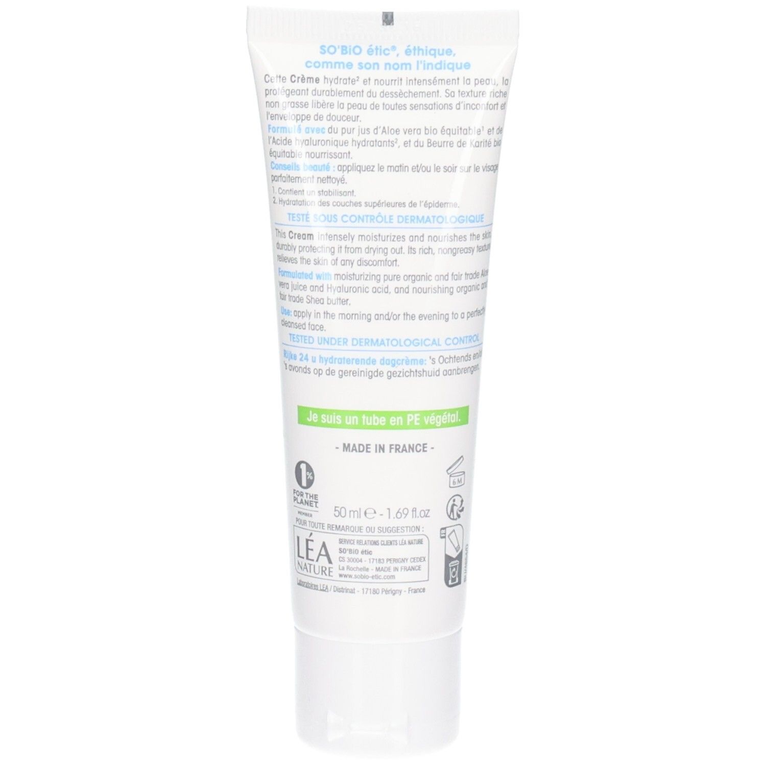 Dos du tube blanc. Ingrédients, conseils d'utilisation, certifications. Fabriqué en France. Vegan.